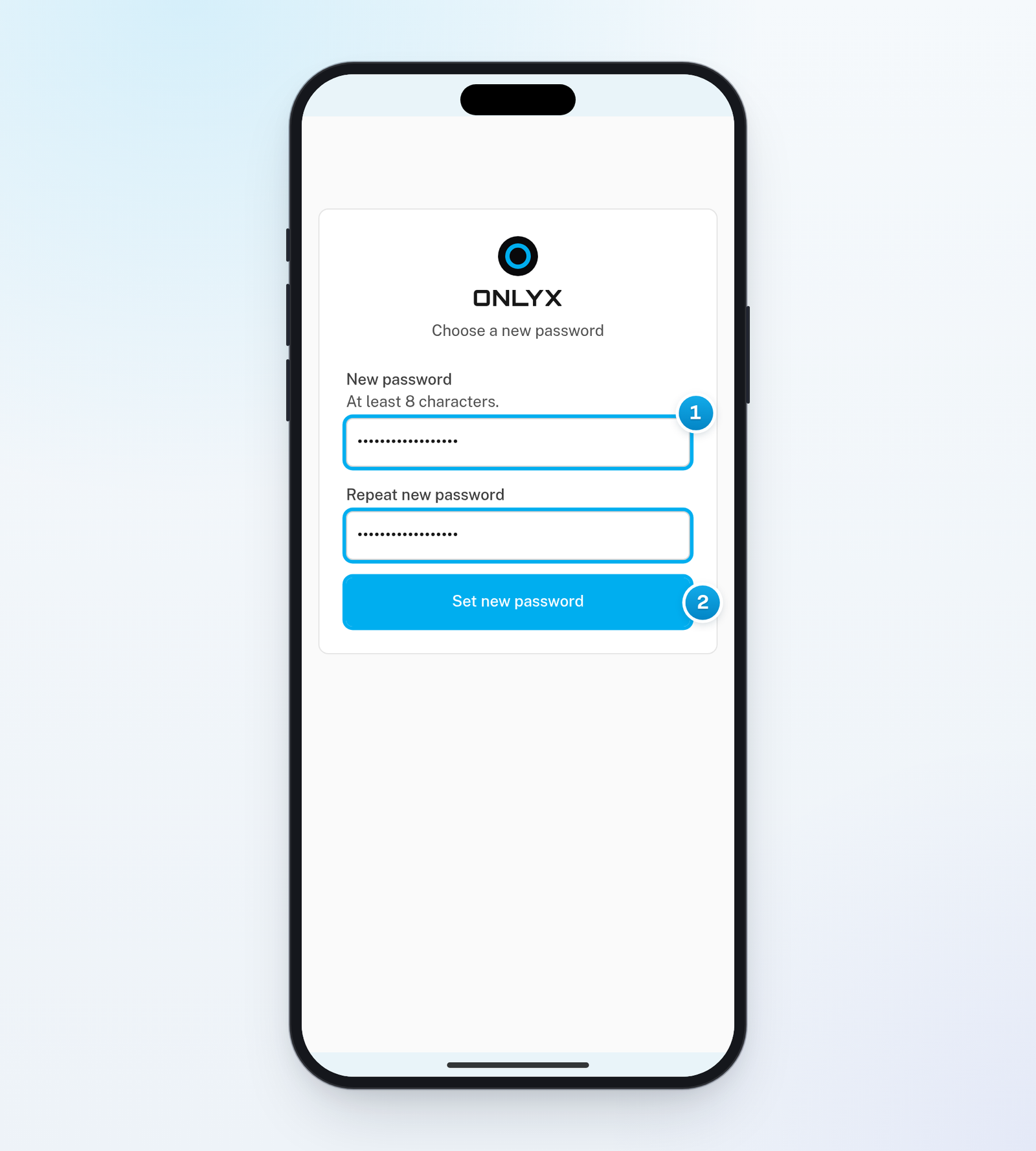 The Choose a new password page on a phone, with the new password typed in both fields and the Set new password button ready to click