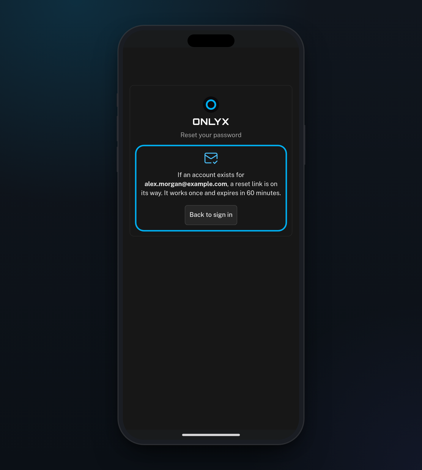 The reset page on a phone, saying a reset link is on its way to the address you entered, with a Back to sign in button