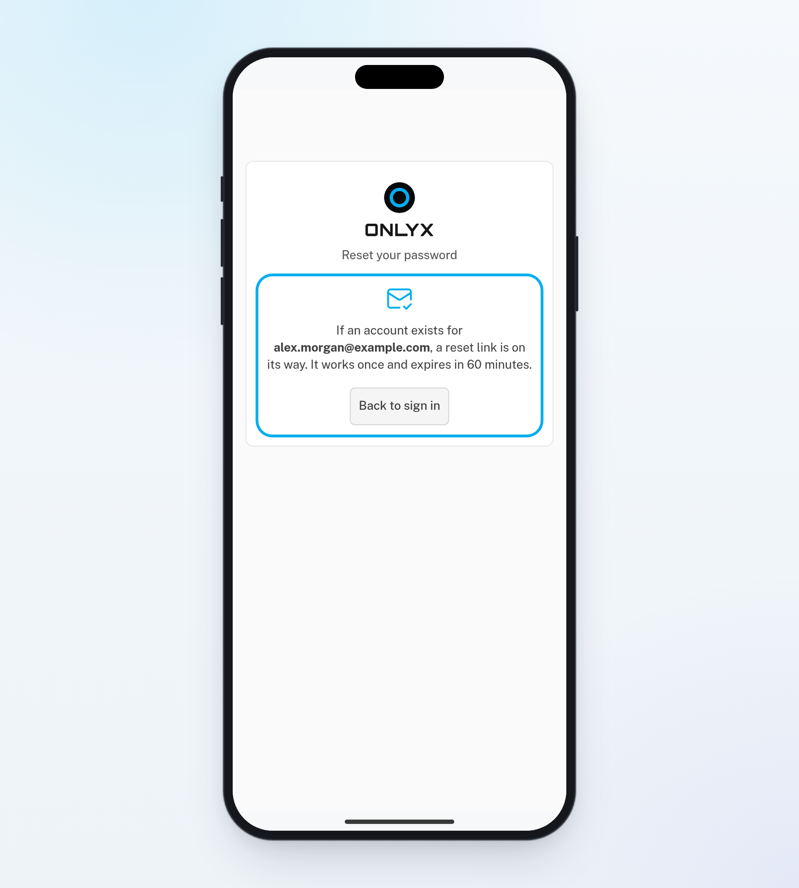 The reset page on a phone, saying a reset link is on its way to the address you entered, with a Back to sign in button
