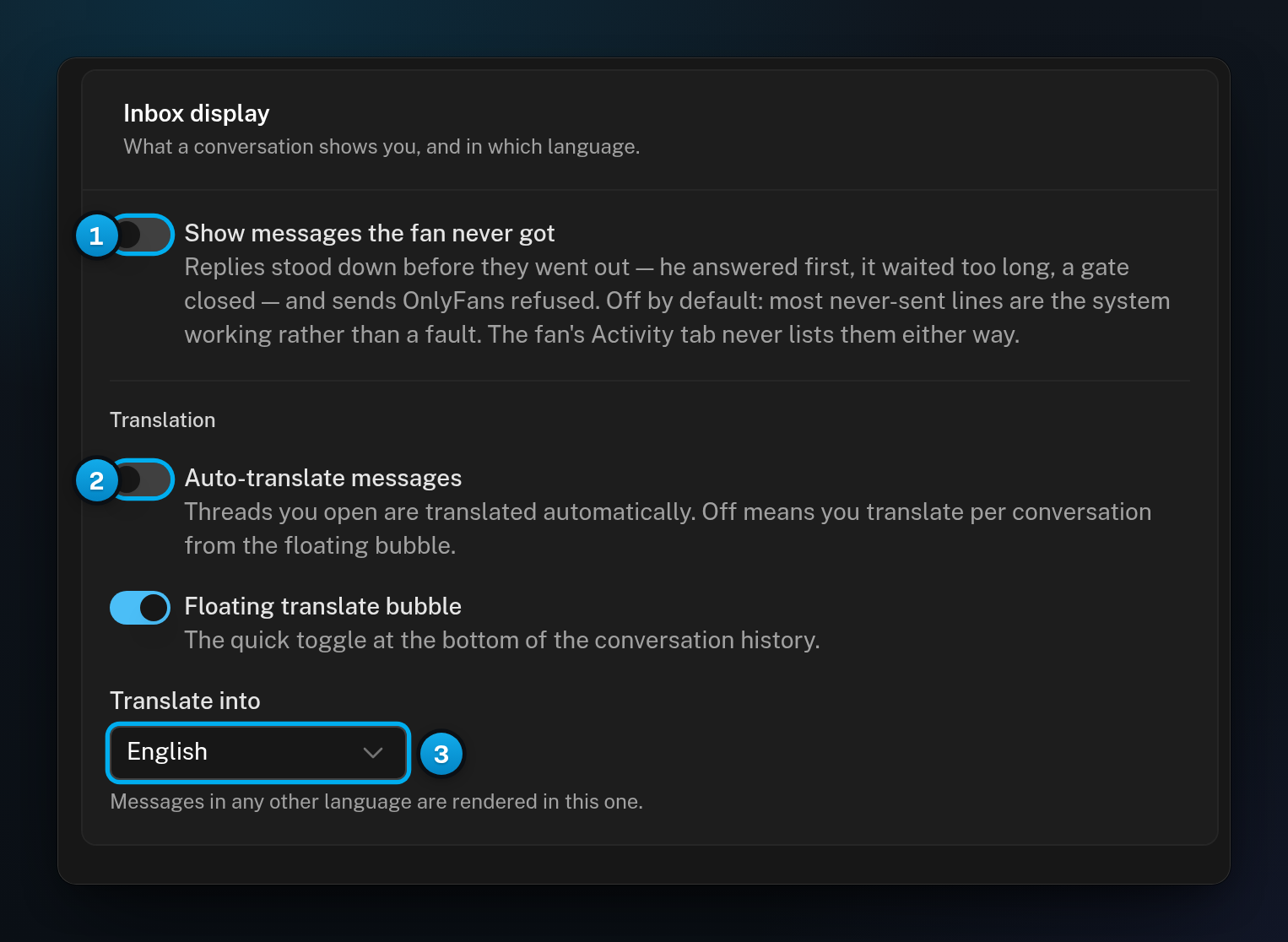 The Inbox display card with the switch to show messages the fan never got, the translation switches and the Translate into menu set to English