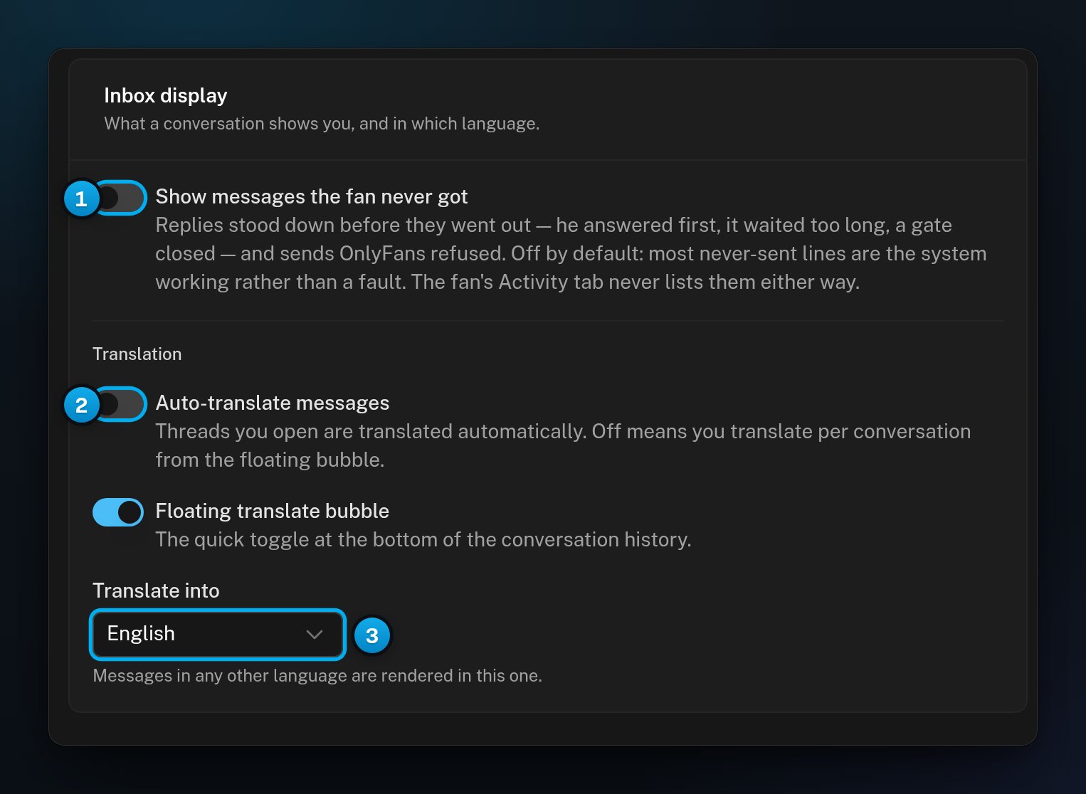The Inbox display card with the switch to show messages the fan never got, the translation switches and the Translate into menu set to English