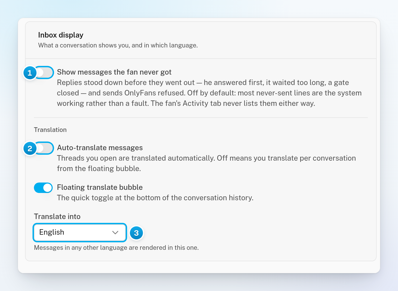 The Inbox display card with the switch to show messages the fan never got, the translation switches and the Translate into menu set to English