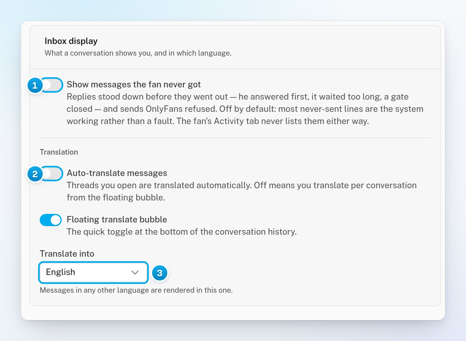 The Inbox display card with the switch to show messages the fan never got, the translation switches and the Translate into menu set to English