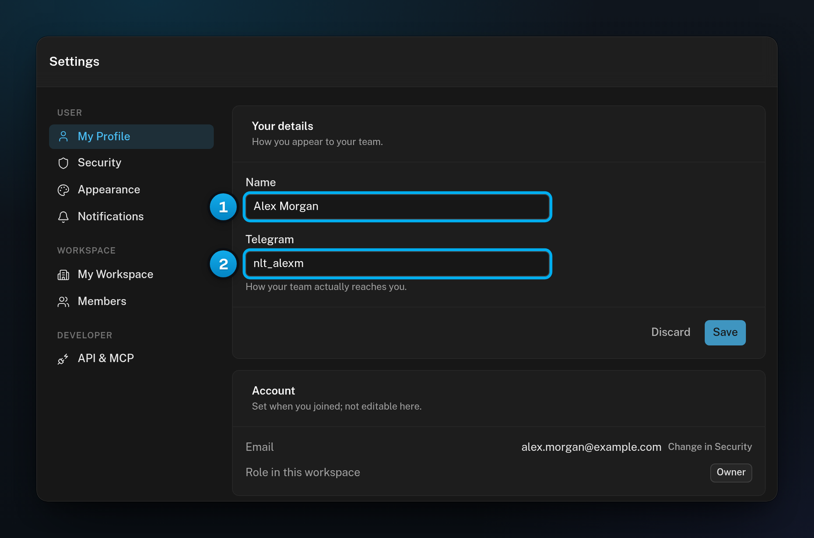 My Profile with the Name and Telegram fields in the Your details card, and the Account card with the email address and the role