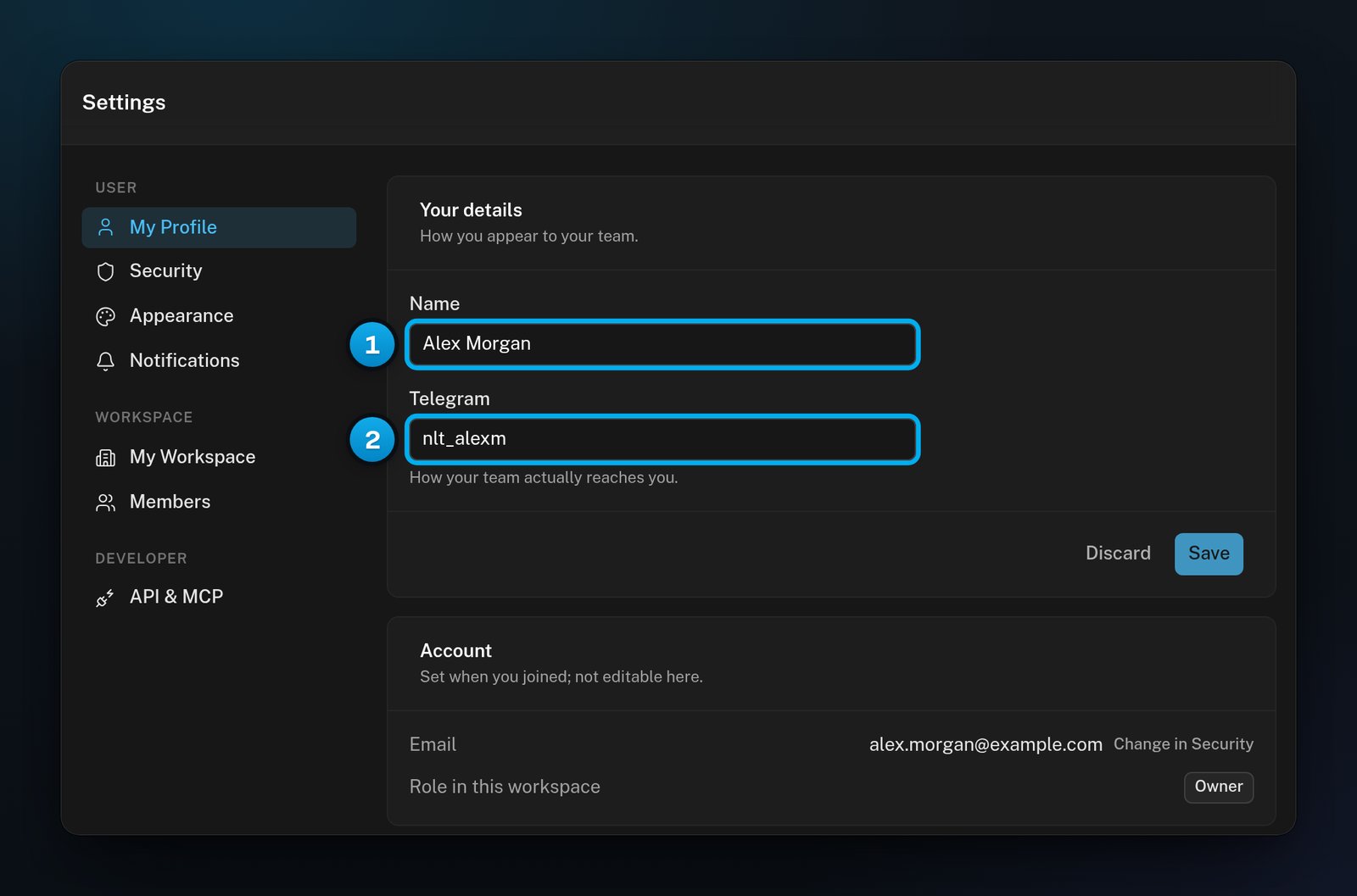 My Profile with the Name and Telegram fields in the Your details card, and the Account card with the email address and the role