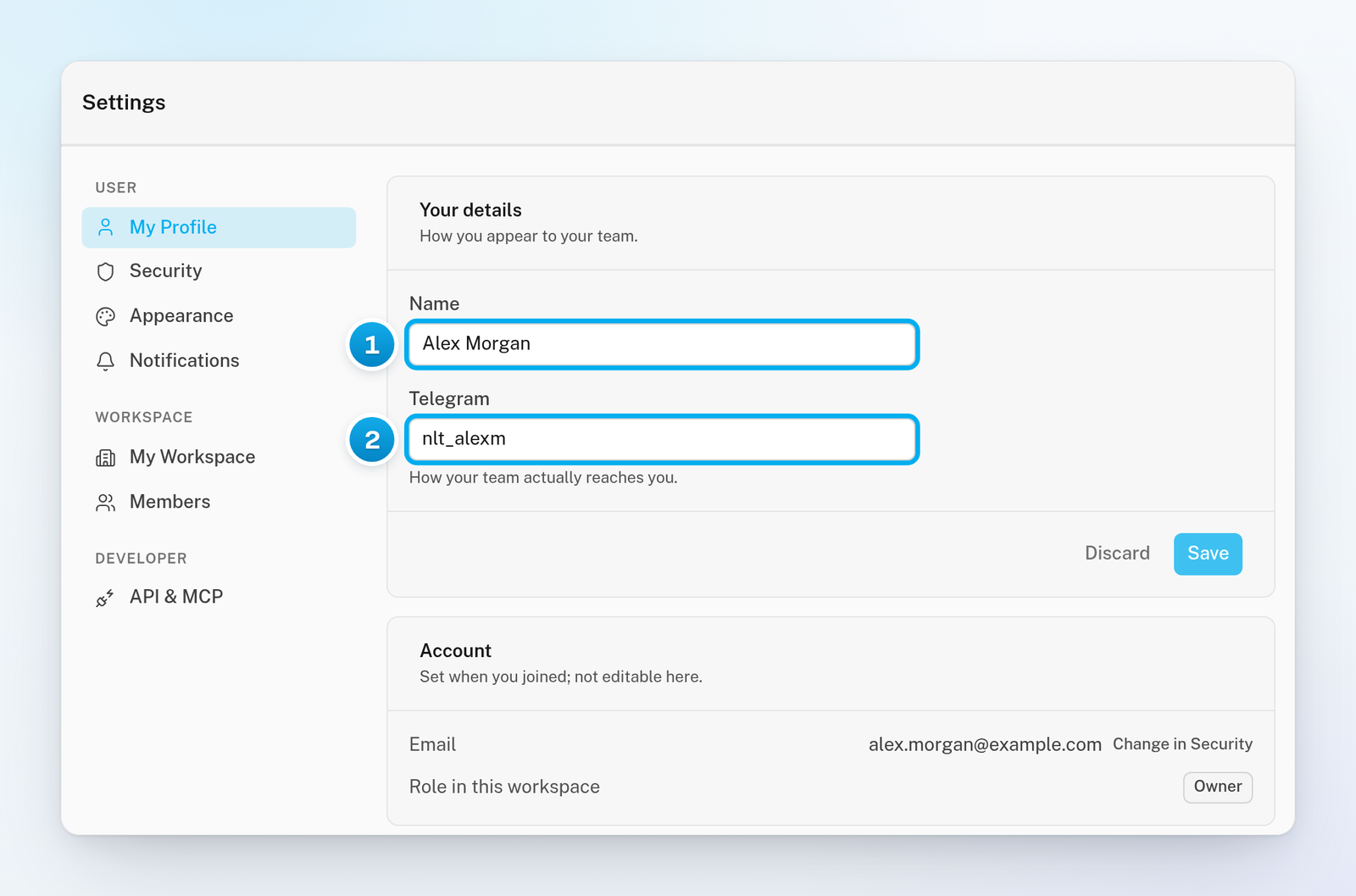 My Profile with the Name and Telegram fields in the Your details card, and the Account card with the email address and the role