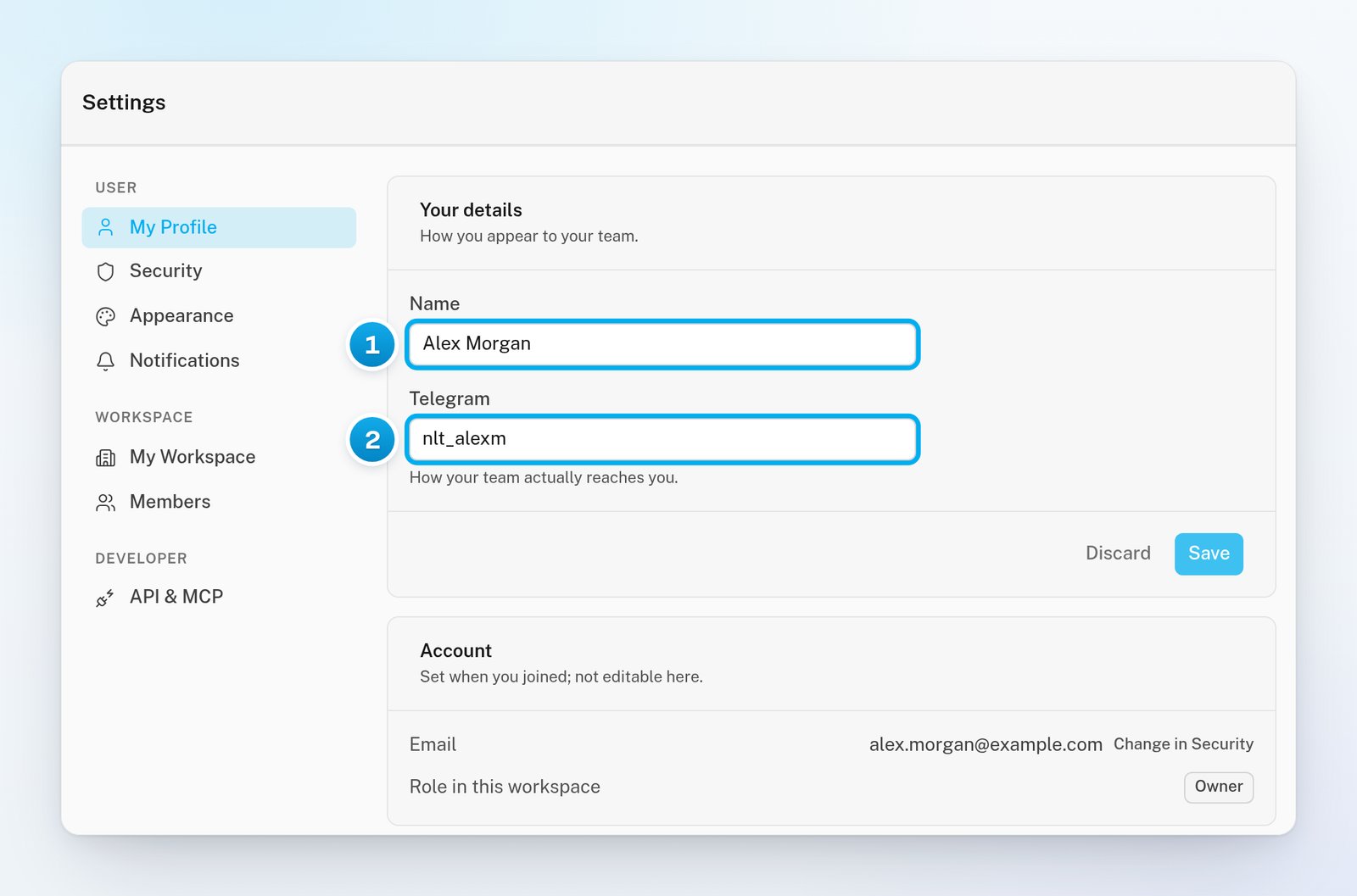 My Profile with the Name and Telegram fields in the Your details card, and the Account card with the email address and the role