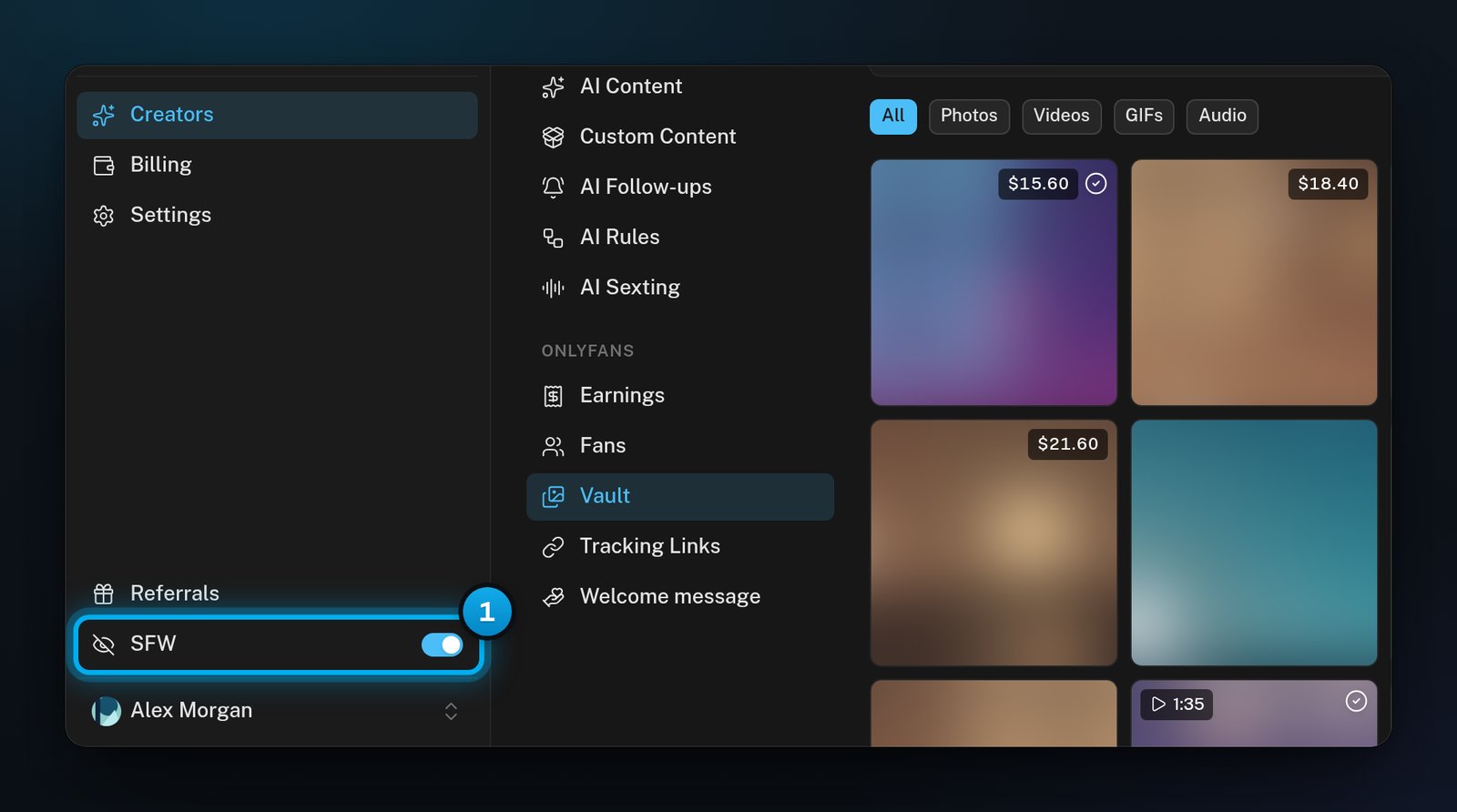 The SFW switch turned on at the foot of the sidebar, next to a creator's Vault where every photo is blurred