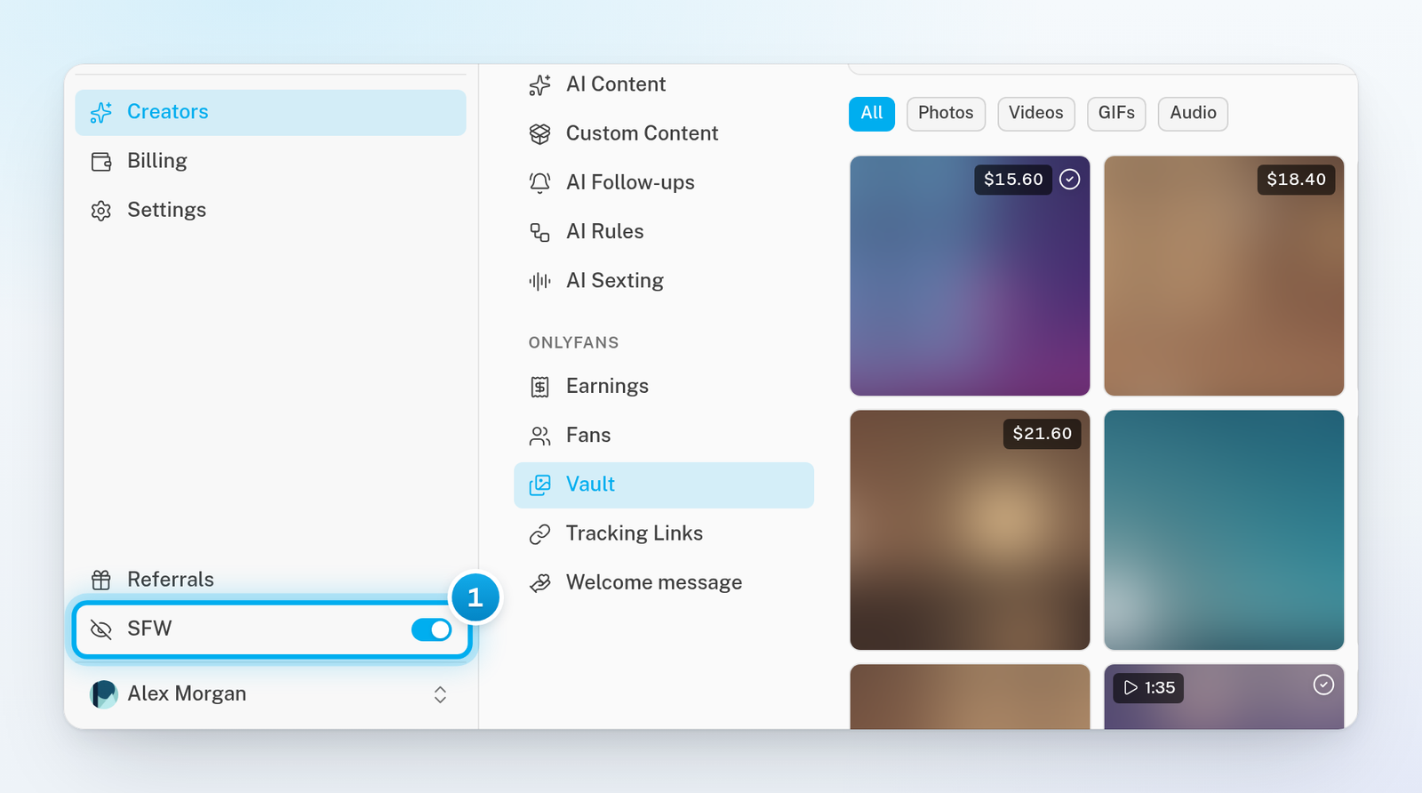 The SFW switch turned on at the foot of the sidebar, next to a creator's Vault where every photo is blurred