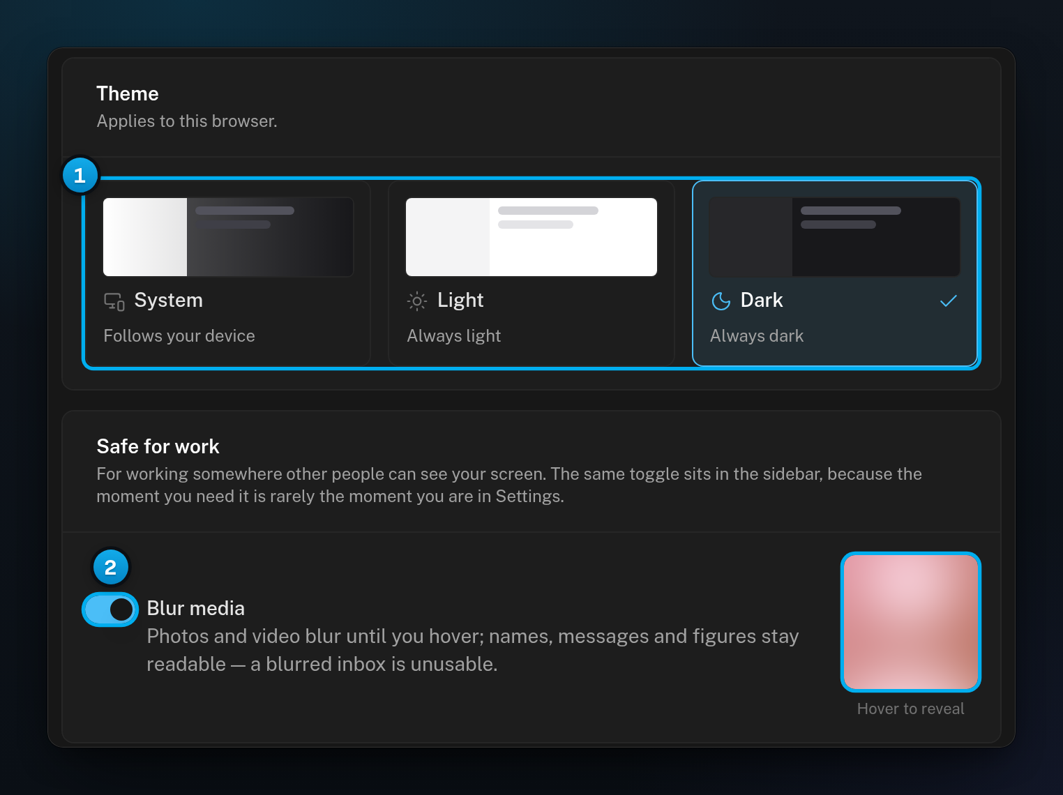 The Appearance tab with the System, Light and Dark theme tiles and the Blur media switch turned on next to a blurred example picture
