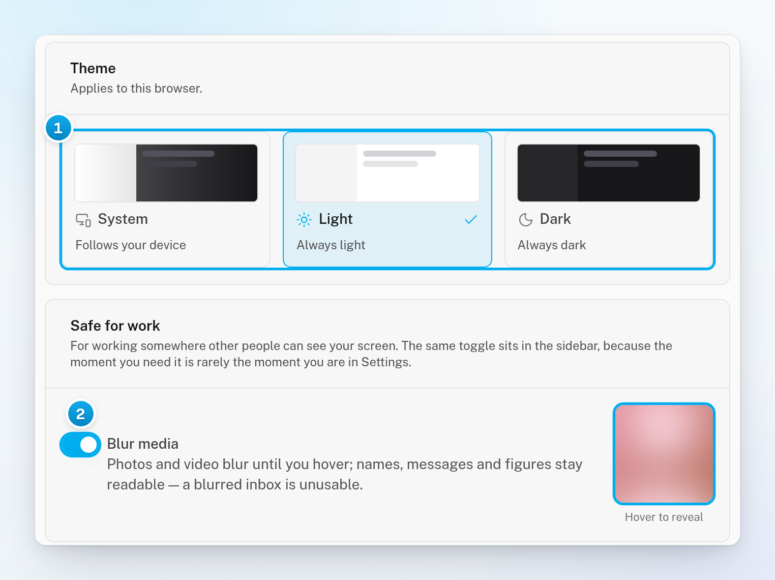The Appearance tab with the System, Light and Dark theme tiles and the Blur media switch turned on next to a blurred example picture