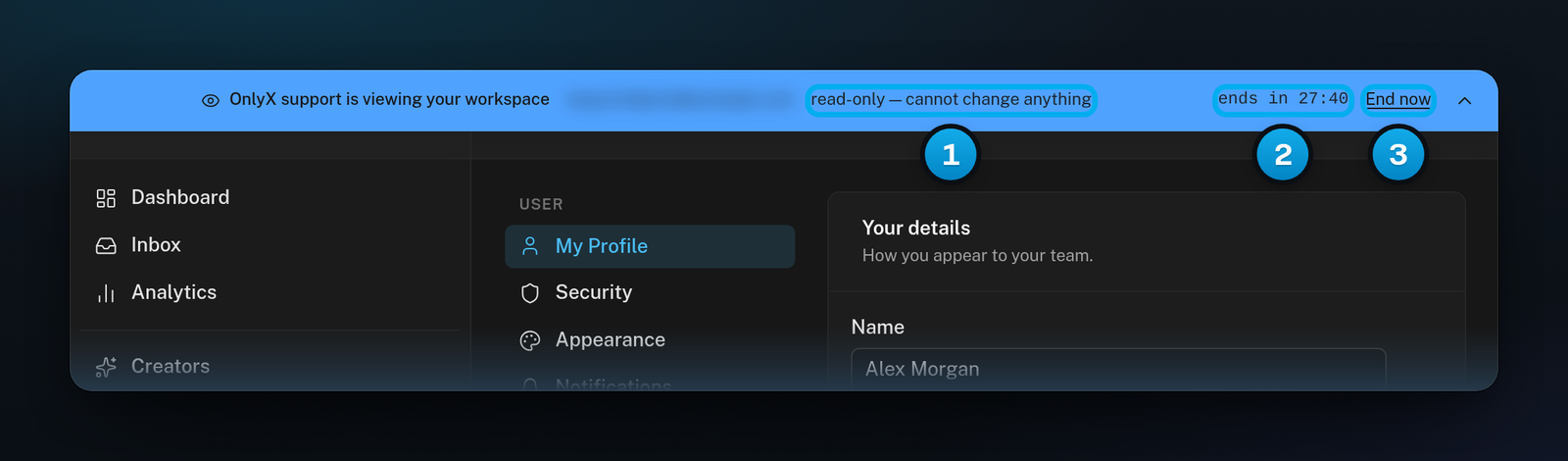 The support bar at the top of the support person's screen: OnlyX support is viewing your workspace, read-only, the time left and End now