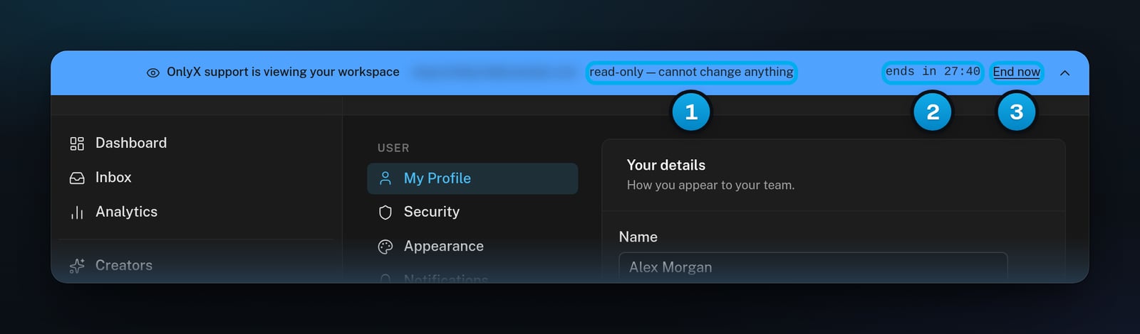 The support bar at the top of the support person's screen: OnlyX support is viewing your workspace, read-only, the time left and End now