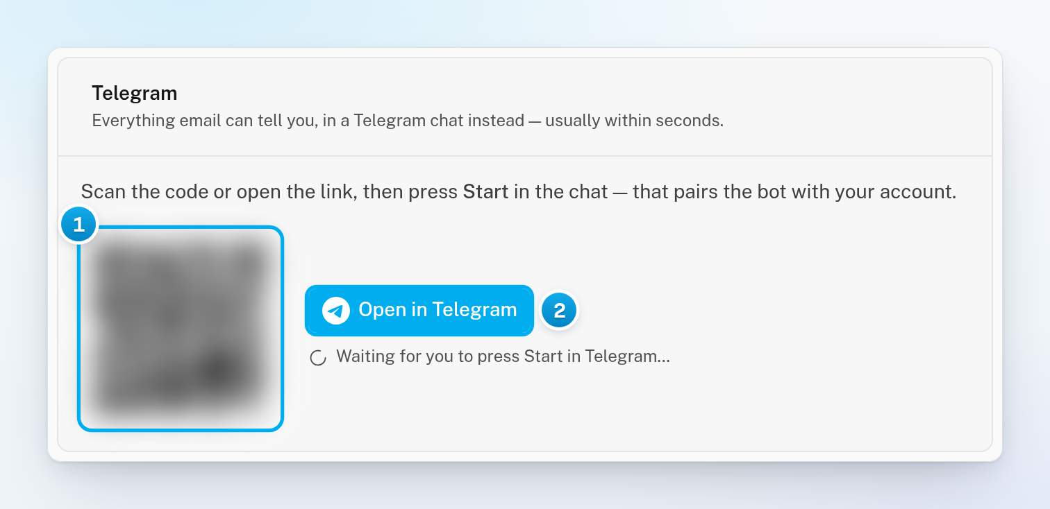 The Telegram card in Settings, Notifications, with a blurred pairing QR code, the Open in Telegram button and the line waiting for you to press Start
