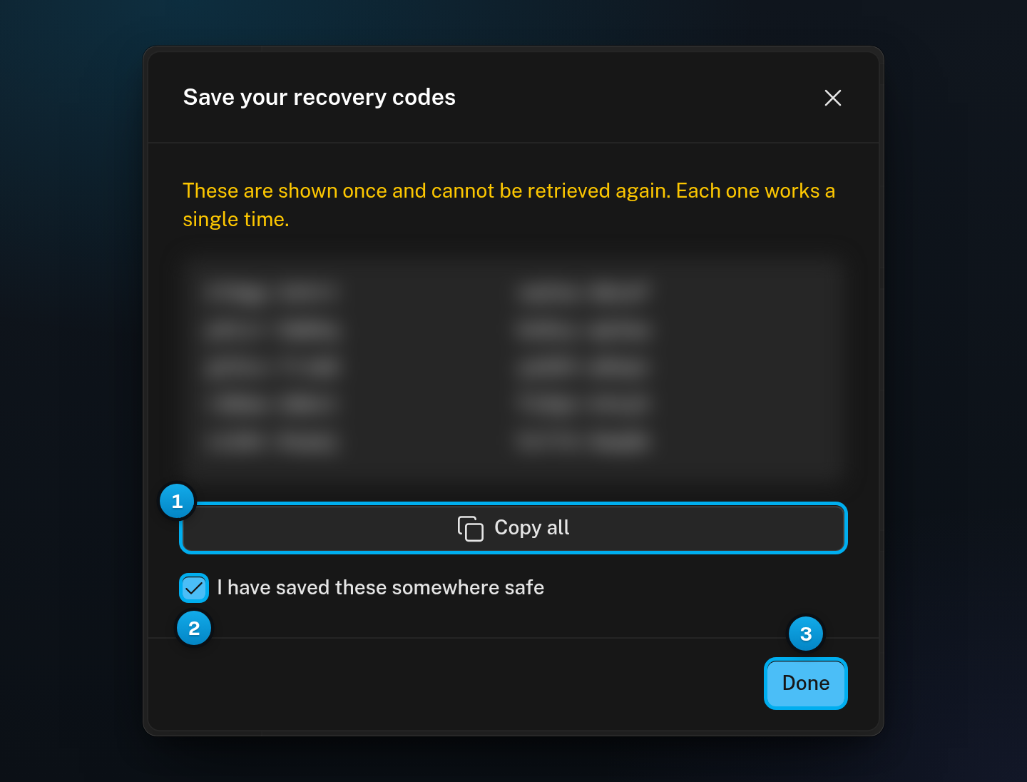 The Save your recovery codes window with the ten codes blurred, the Copy all button, the tick box and the Done button
