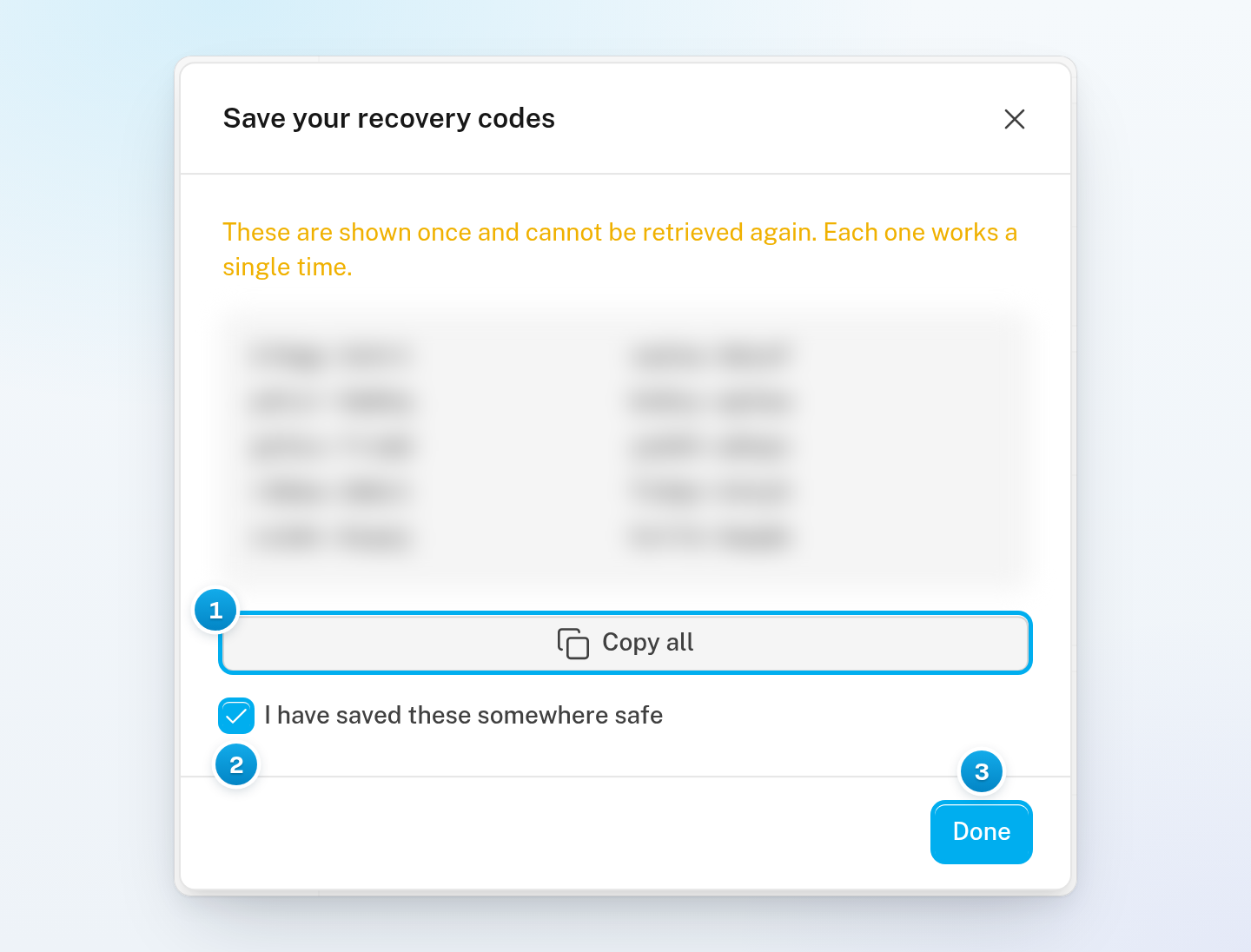 The Save your recovery codes window with the ten codes blurred, the Copy all button, the tick box and the Done button