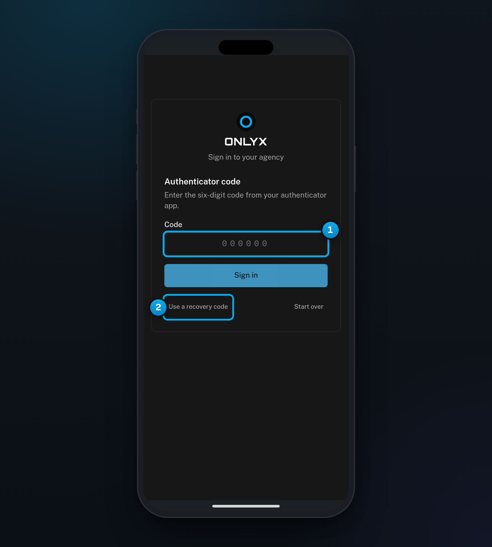 The sign-in page on a phone asking for the six-digit authenticator code, with the Use a recovery code link under the Sign in button