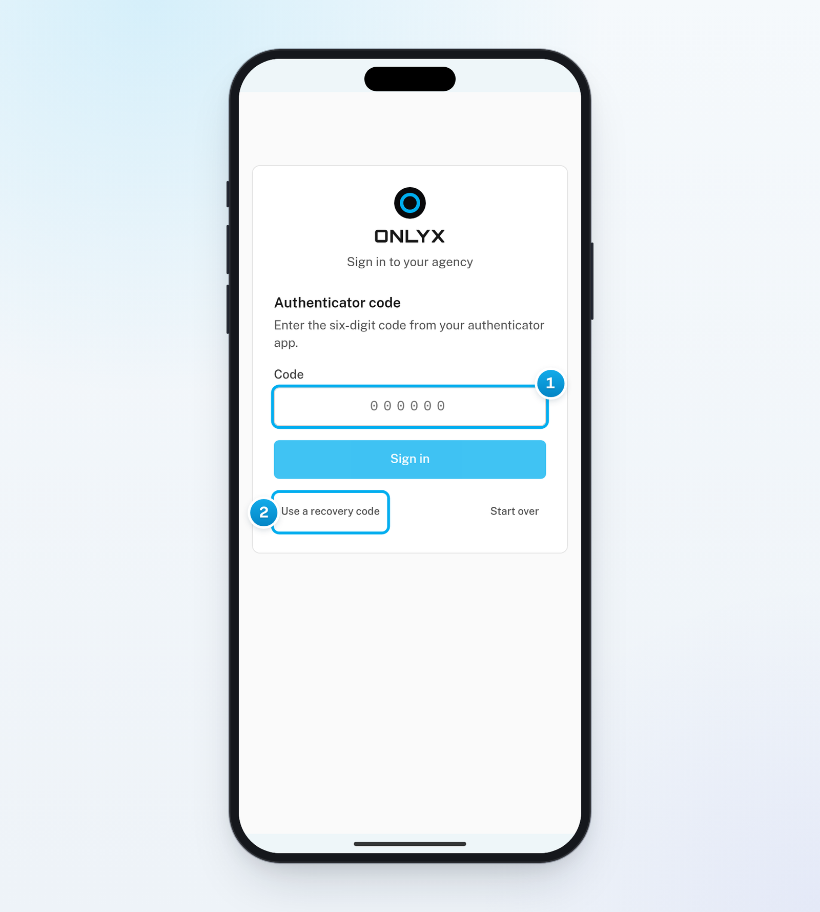The sign-in page on a phone asking for the six-digit authenticator code, with the Use a recovery code link under the Sign in button