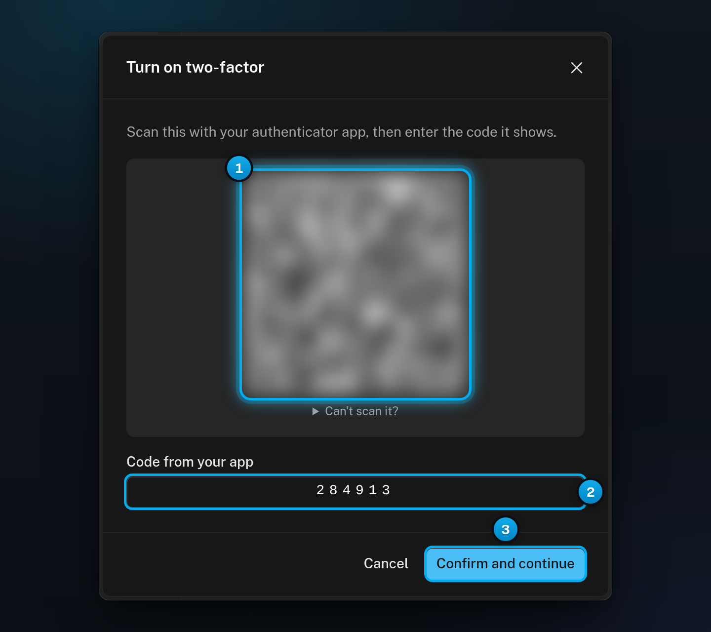 The Turn on two-factor window with a blurred QR code, a six-digit code typed in Code from your app, and the Confirm and continue button