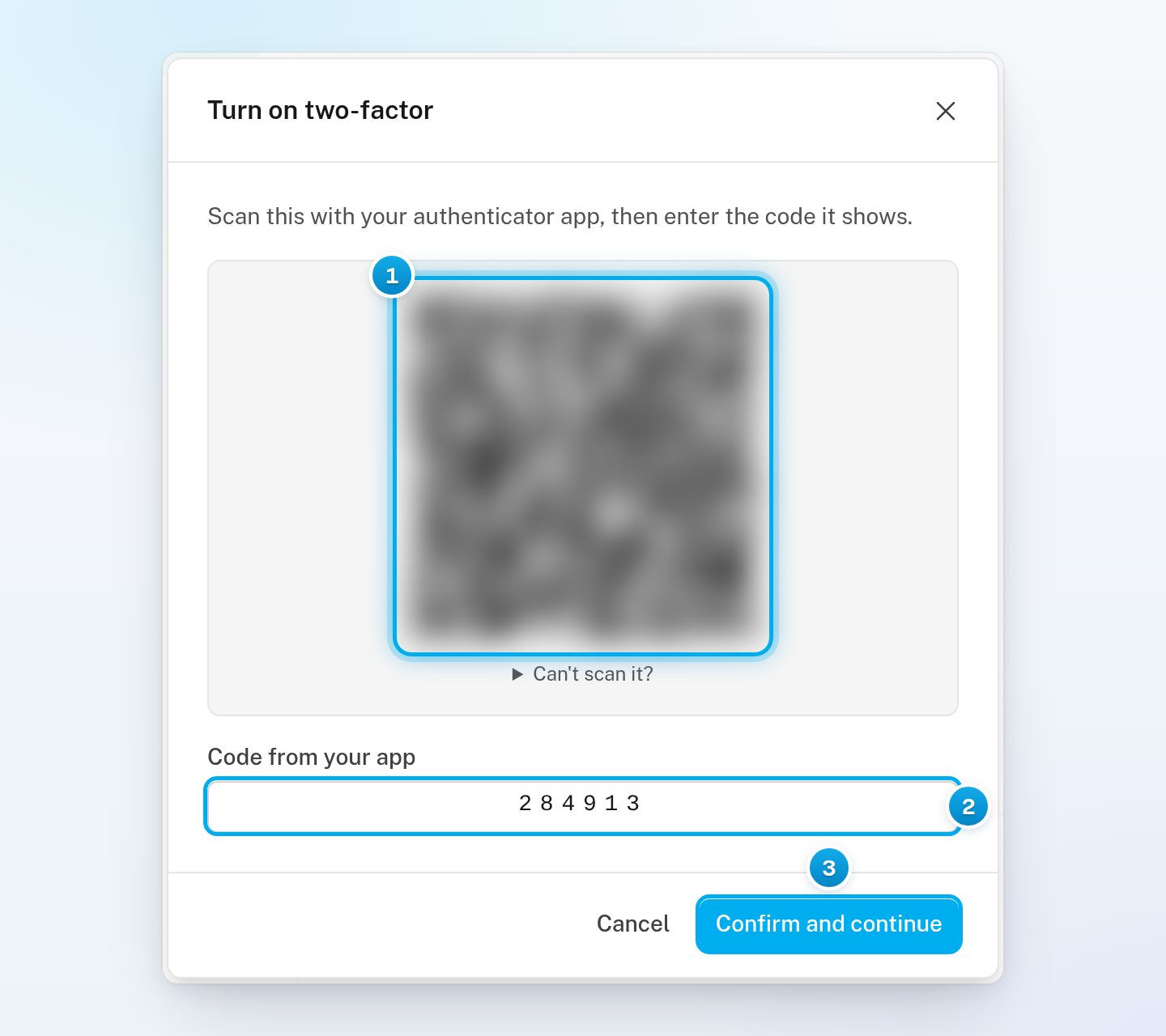 The Turn on two-factor window with a blurred QR code, a six-digit code typed in Code from your app, and the Confirm and continue button