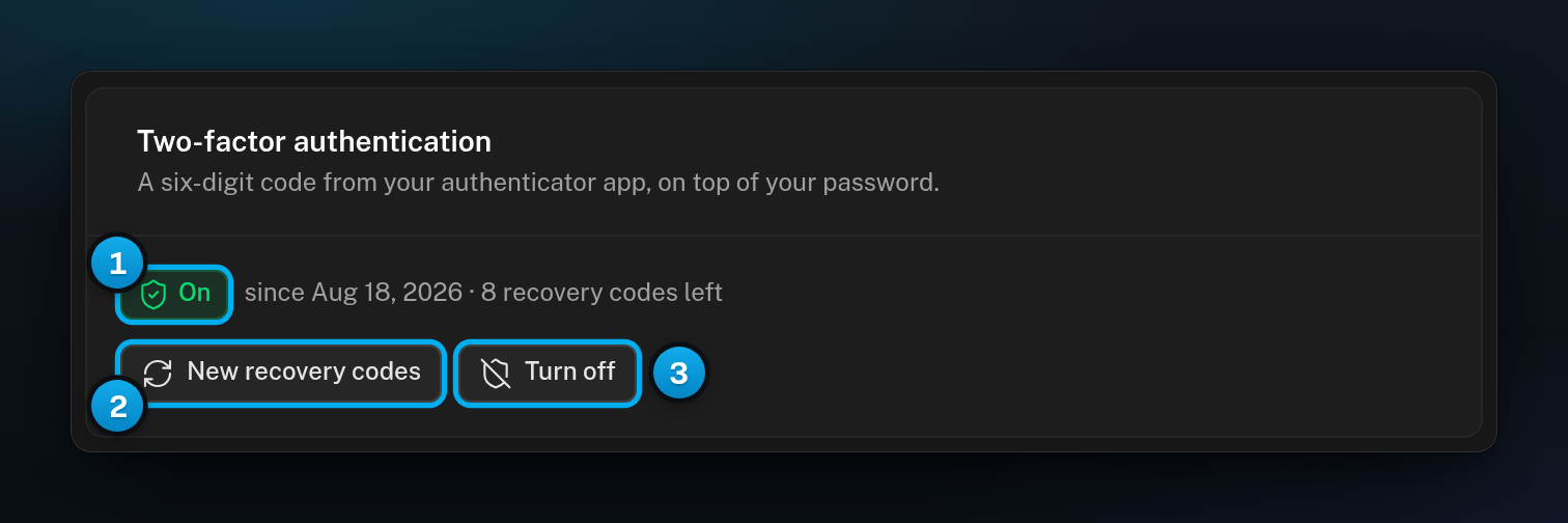 The Two-factor authentication card with the On badge, the date and 8 recovery codes left, and the New recovery codes and Turn off buttons
