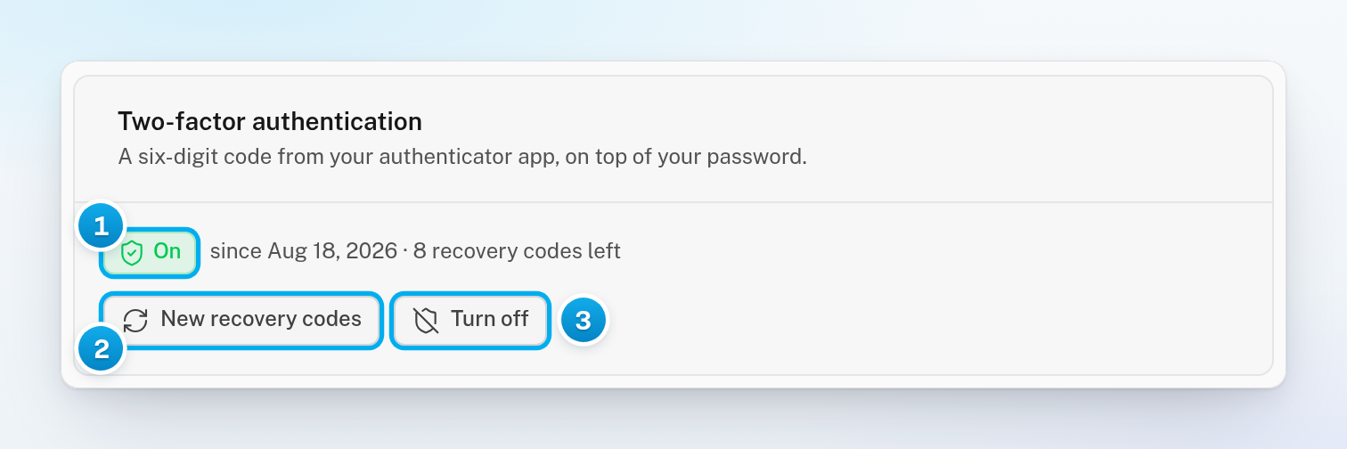 The Two-factor authentication card with the On badge, the date and 8 recovery codes left, and the New recovery codes and Turn off buttons