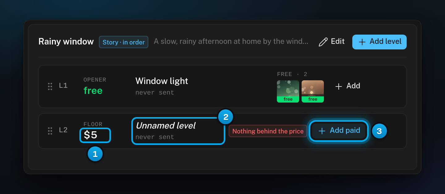 A ladder with a free opener and a new paid level at $5 that has no name yet, a red warning and an Add paid button