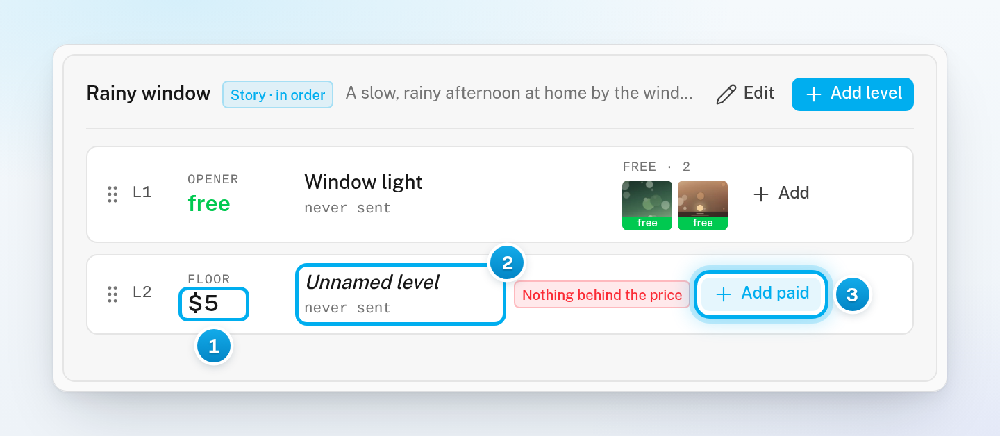 A ladder with a free opener and a new paid level at $5 that has no name yet, a red warning and an Add paid button