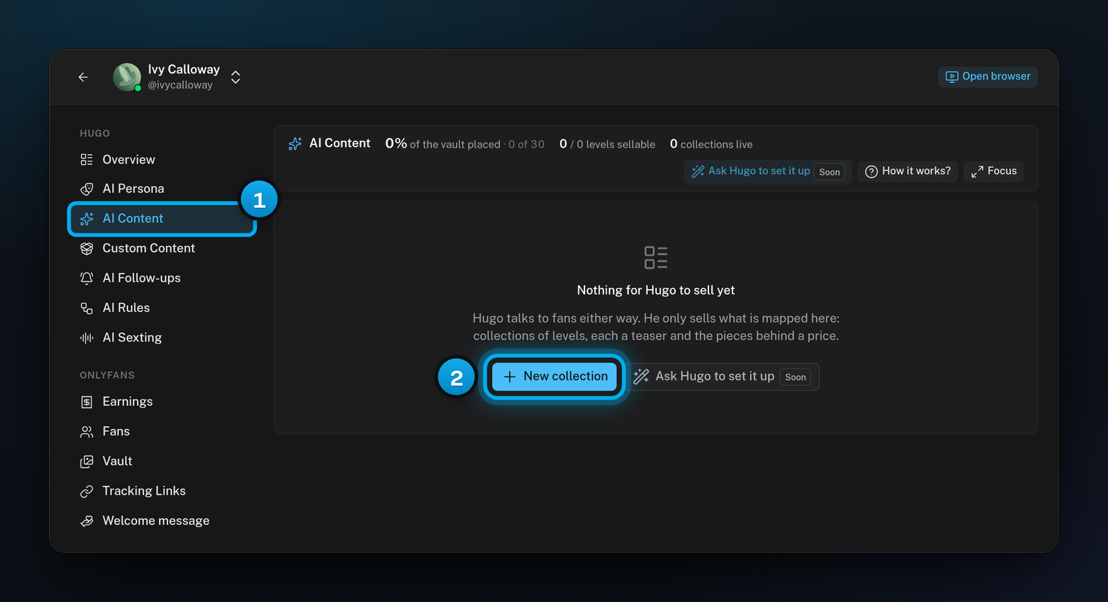 A creator's page with AI Content selected in her menu and the New collection button in the middle of an empty board