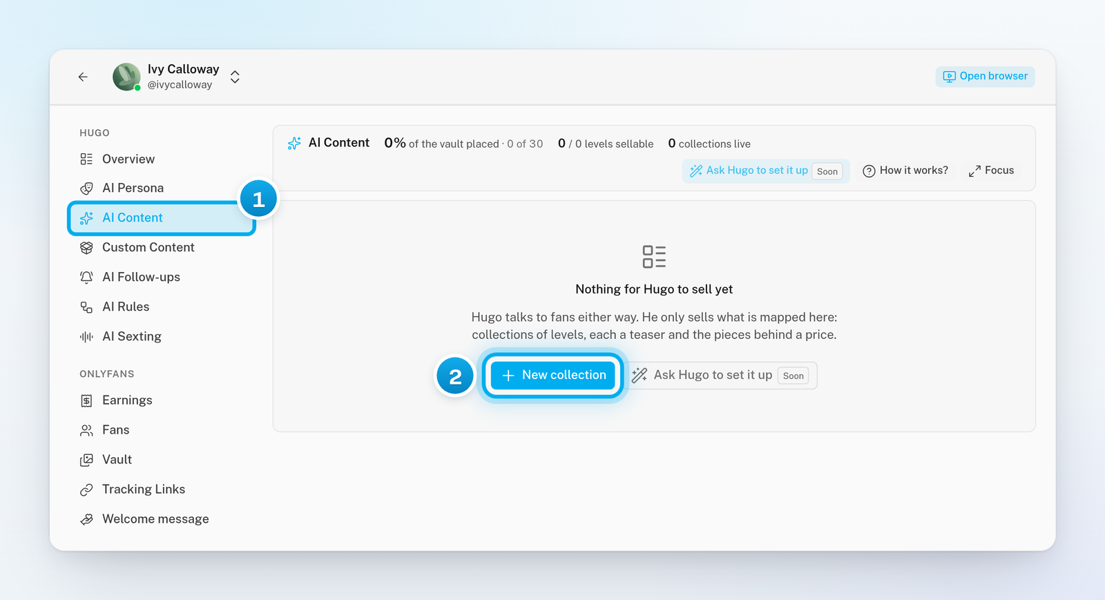 A creator's page with AI Content selected in her menu and the New collection button in the middle of an empty board