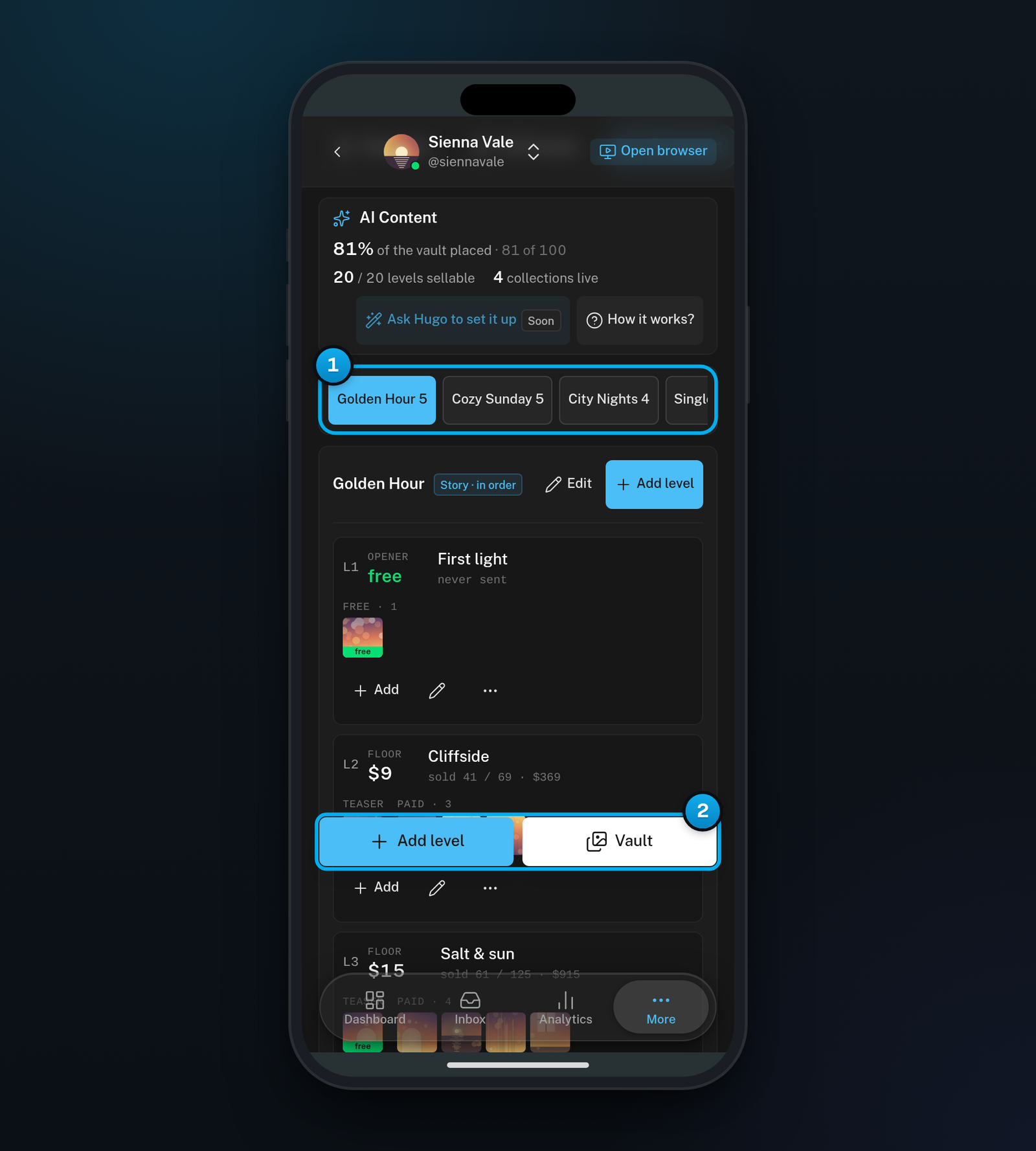 AI Content on a phone: the collections as a row of buttons and the Add level and Vault buttons at the bottom of the screen