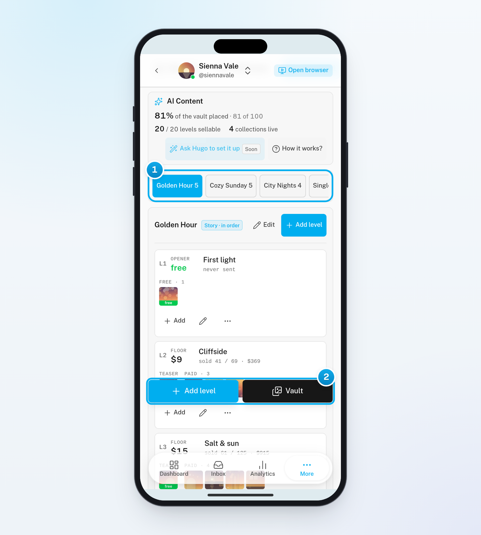 AI Content on a phone: the collections as a row of buttons and the Add level and Vault buttons at the bottom of the screen