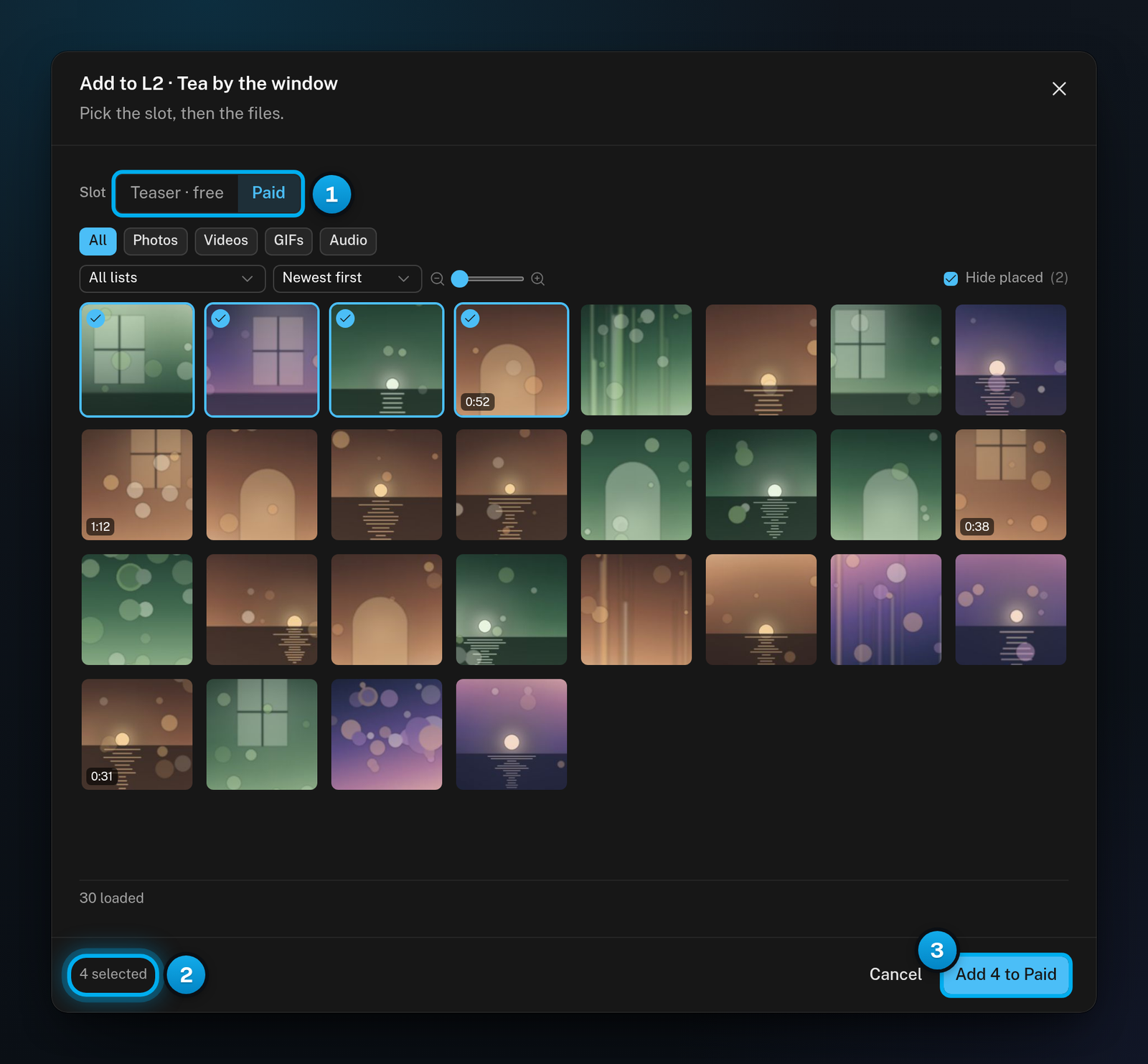 The Add to L2 window set to the Paid slot, with four vault files ticked and the Add 4 to Paid button