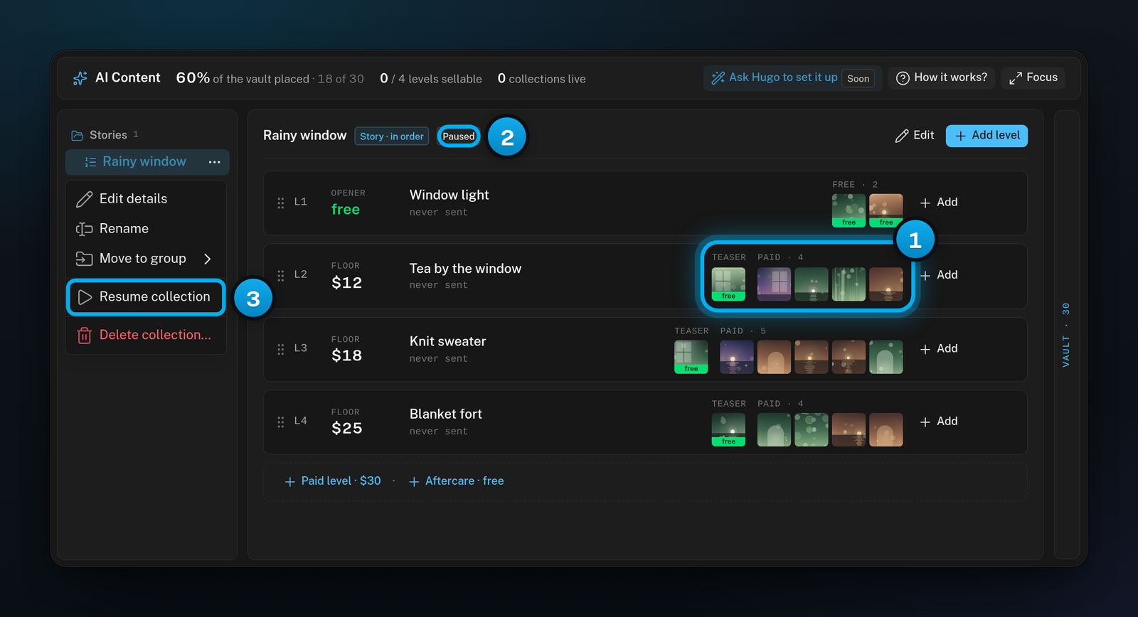 A finished collection that is still paused, with its menu open on Resume collection and a level holding a teaser and paid files