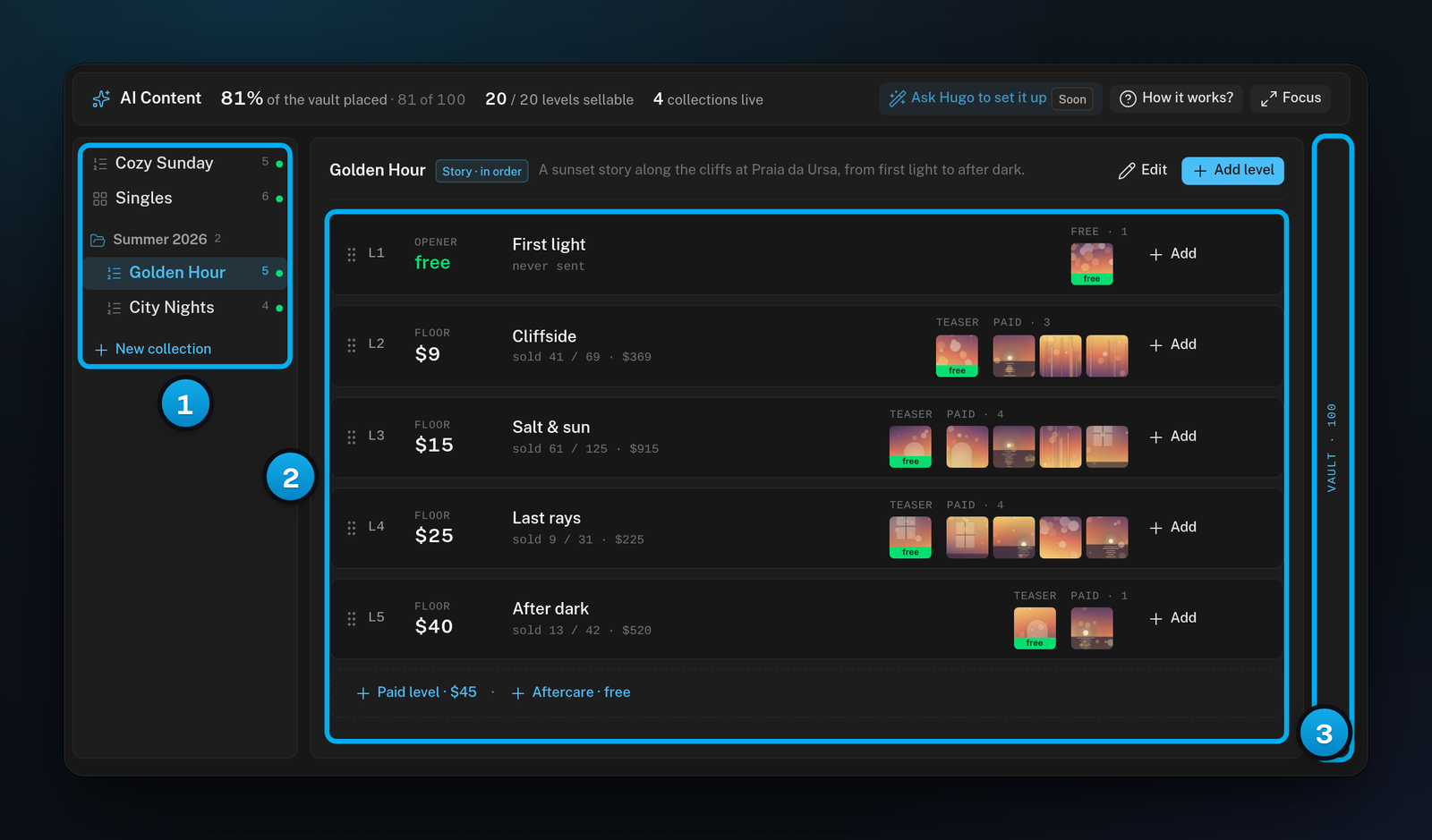 The AI Content board: collections grouped in a list, the levels of the open collection in the middle and the Vault strip next to them