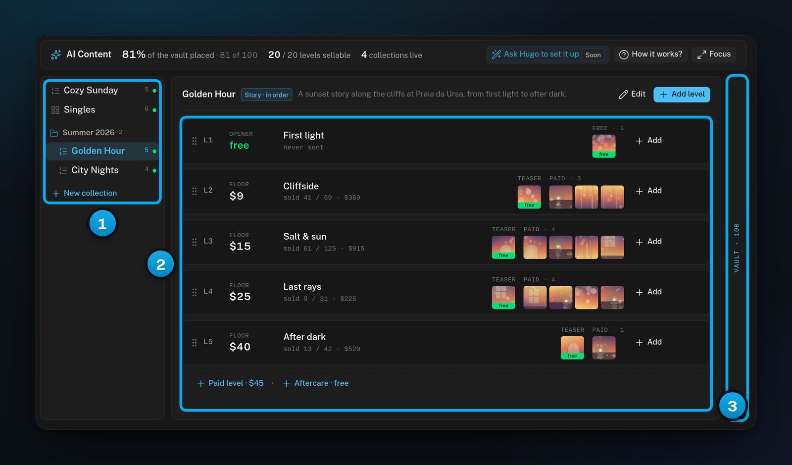 The AI Content board: collections grouped in a list, the levels of the open collection in the middle and the Vault strip next to them