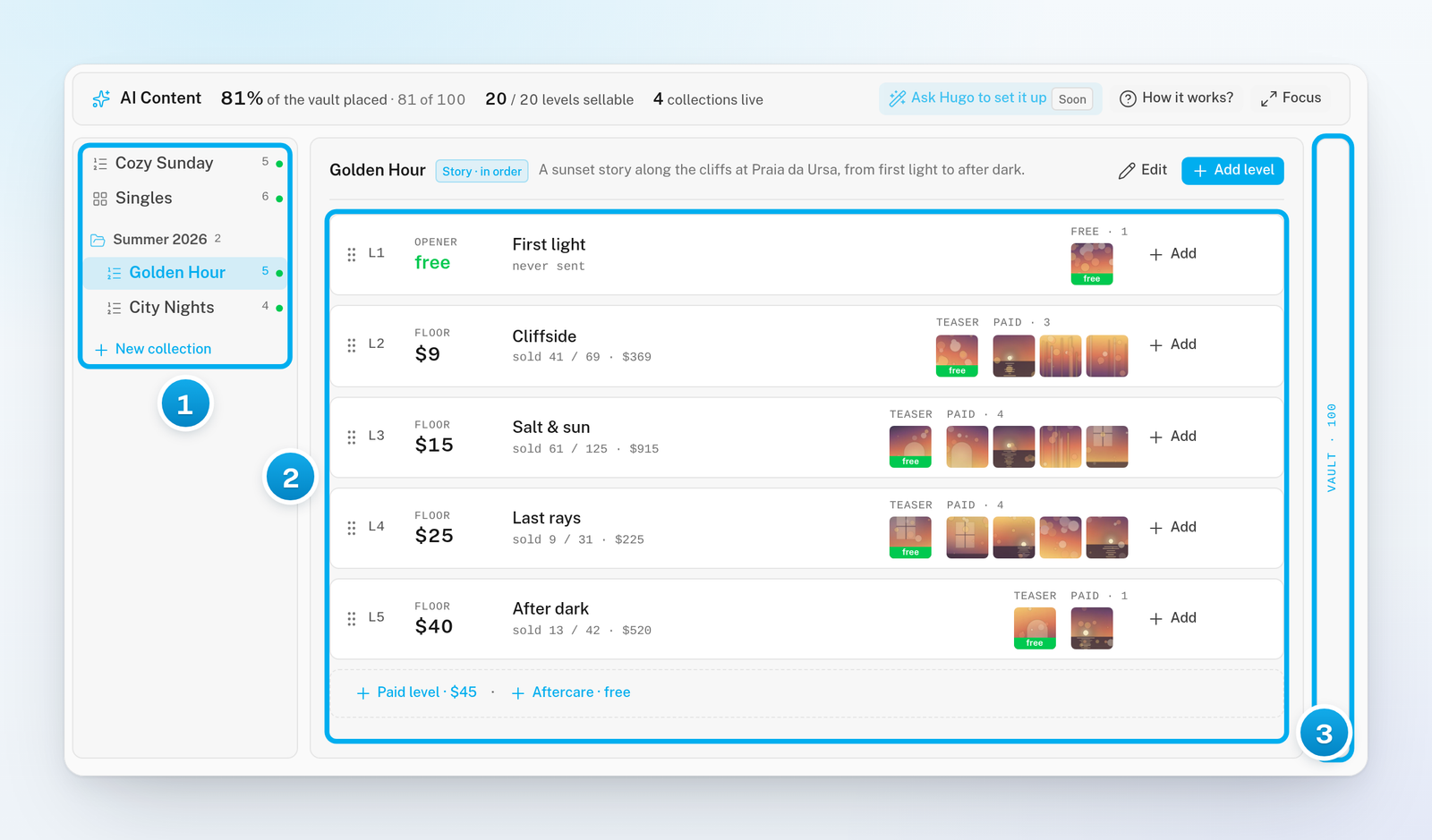 The AI Content board: collections grouped in a list, the levels of the open collection in the middle and the Vault strip next to them