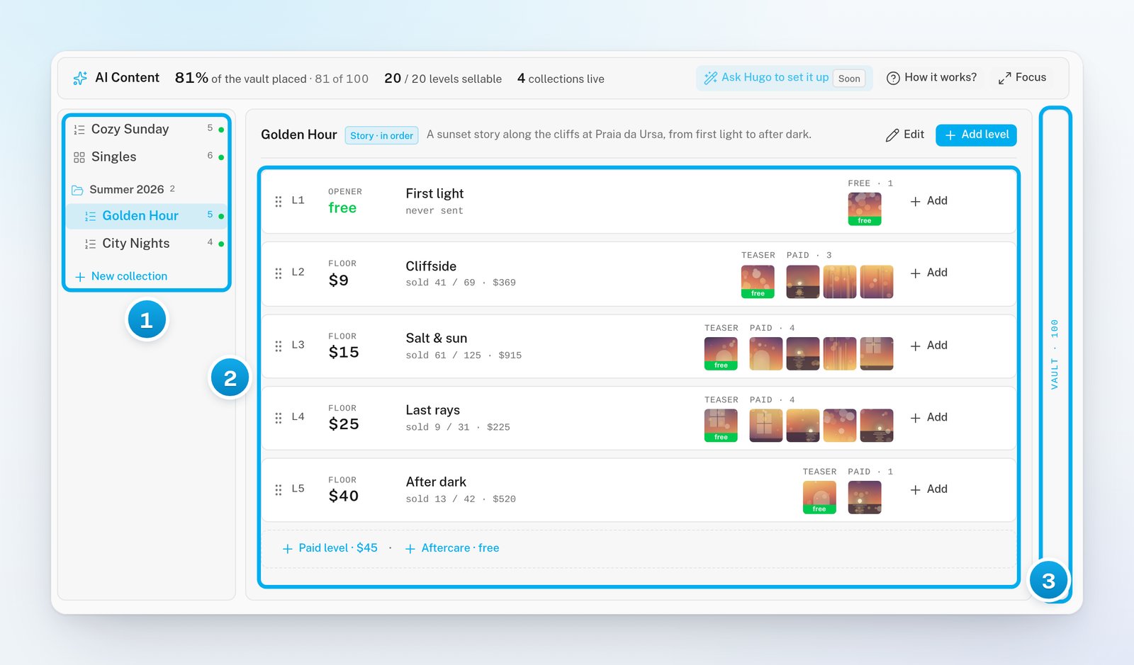 The AI Content board: collections grouped in a list, the levels of the open collection in the middle and the Vault strip next to them
