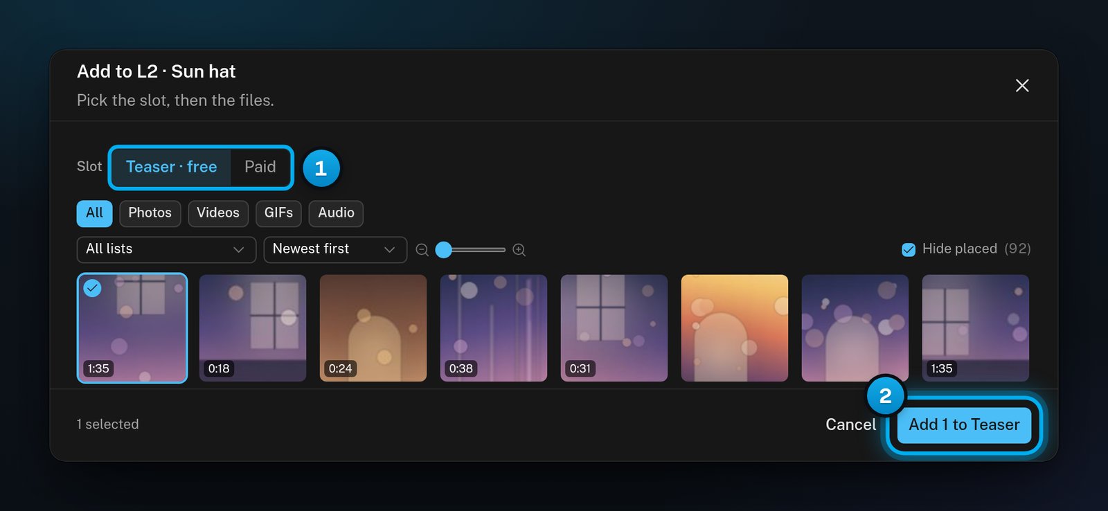 The Add to L2 window set to the Teaser slot, with one file ticked and the Add 1 to Teaser button