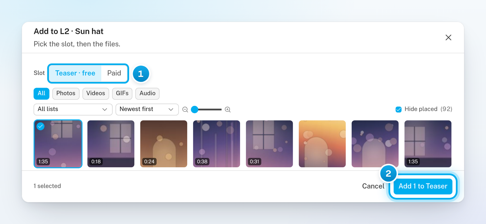 The Add to L2 window set to the Teaser slot, with one file ticked and the Add 1 to Teaser button