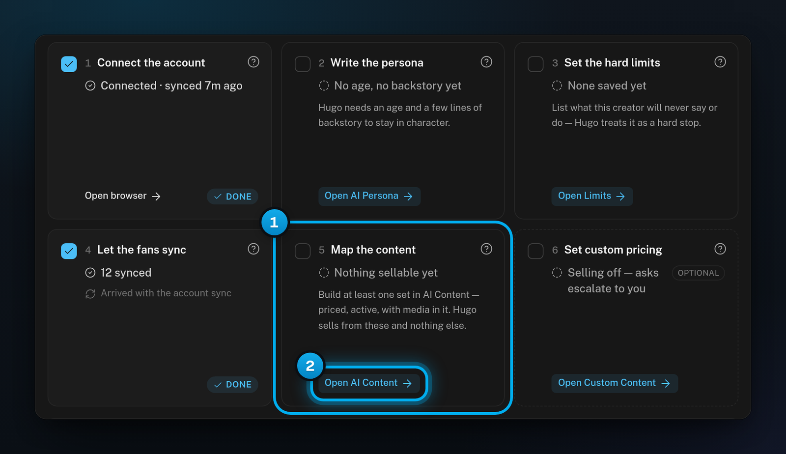 A creator's setup checklist on her Overview, with the Map the content step reading Nothing sellable yet and its Open AI Content button