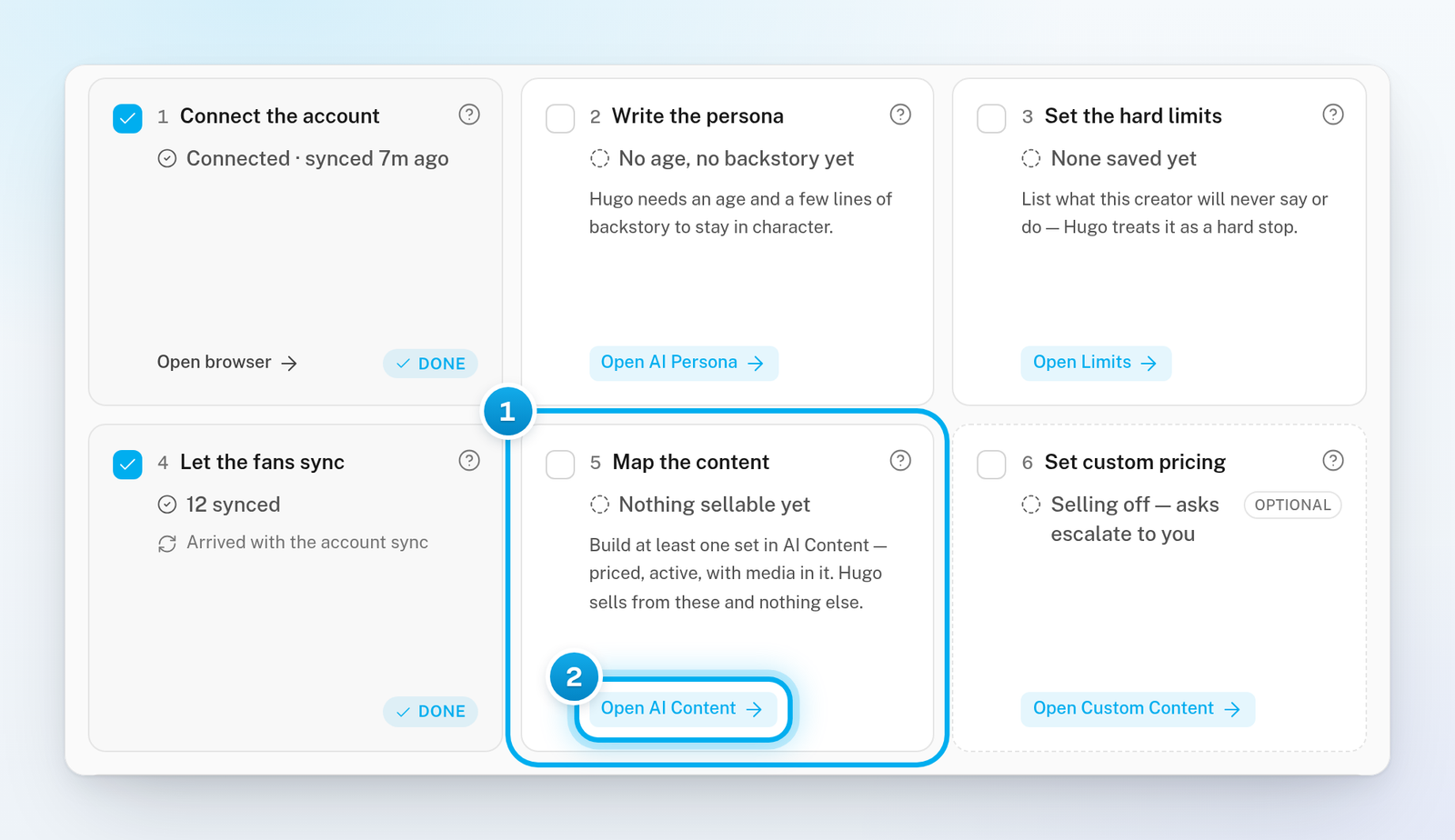A creator's setup checklist on her Overview, with the Map the content step reading Nothing sellable yet and its Open AI Content button