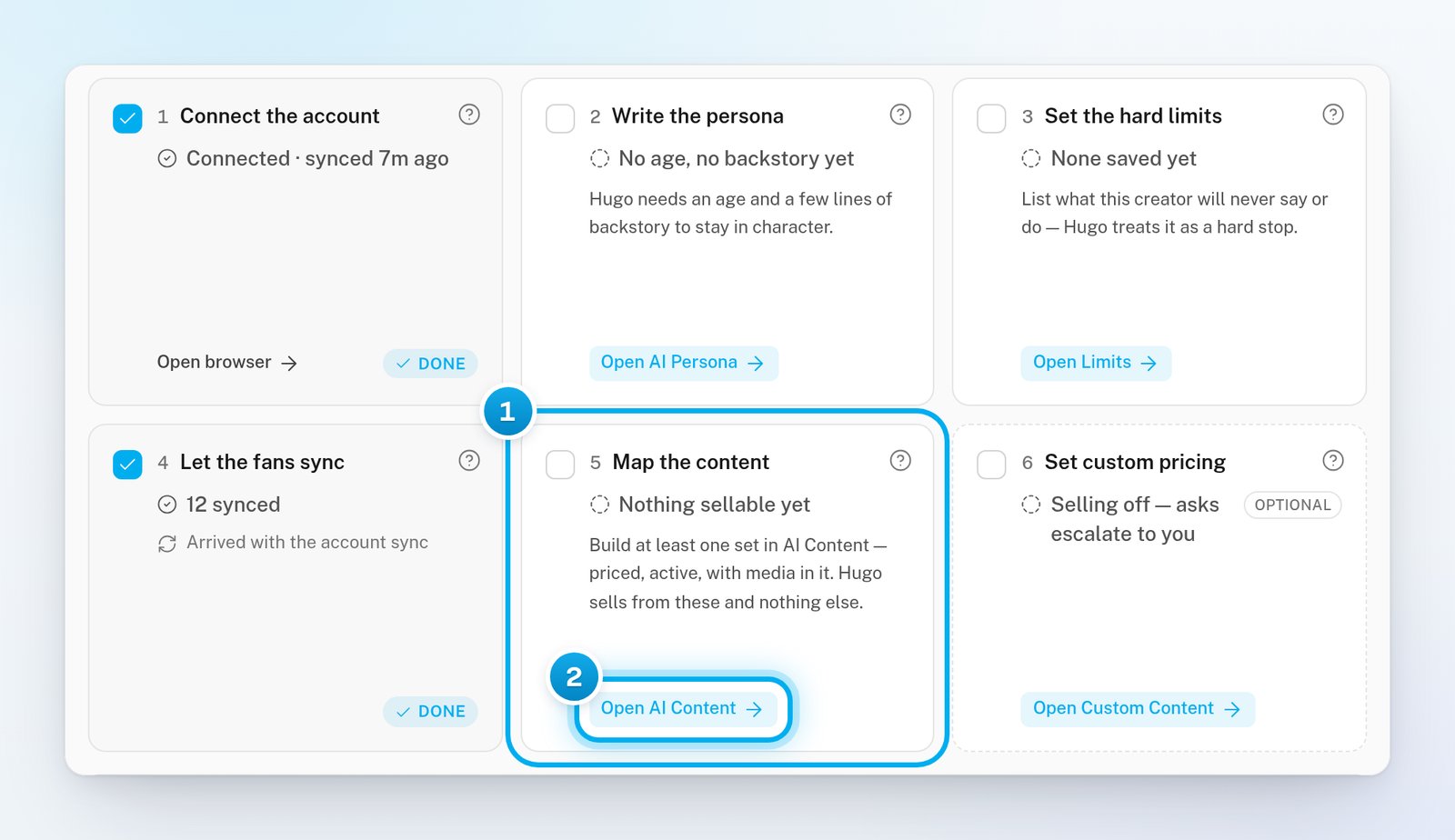 A creator's setup checklist on her Overview, with the Map the content step reading Nothing sellable yet and its Open AI Content button