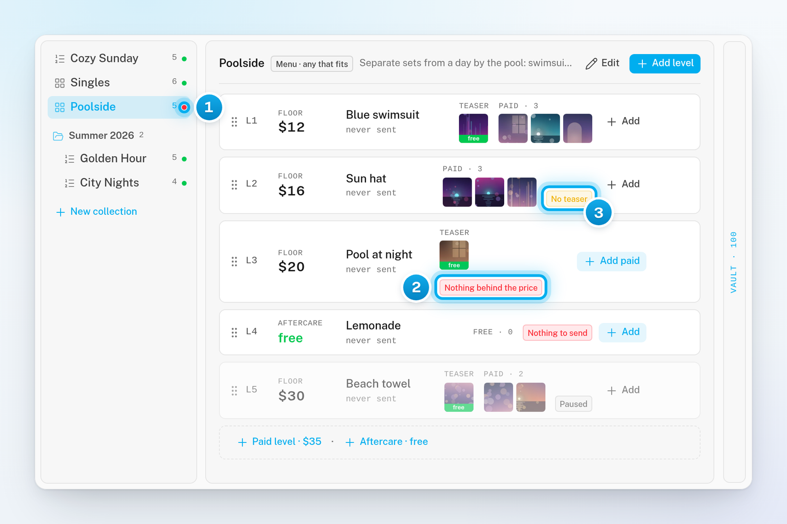 A collection with a red dot in the list and levels showing the No teaser, Nothing behind the price, Nothing to send and Paused badges