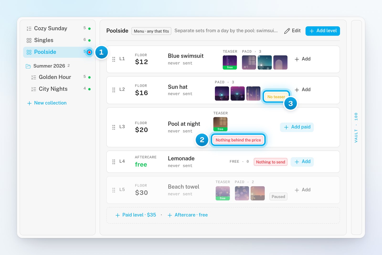A collection with a red dot in the list and levels showing the No teaser, Nothing behind the price, Nothing to send and Paused badges