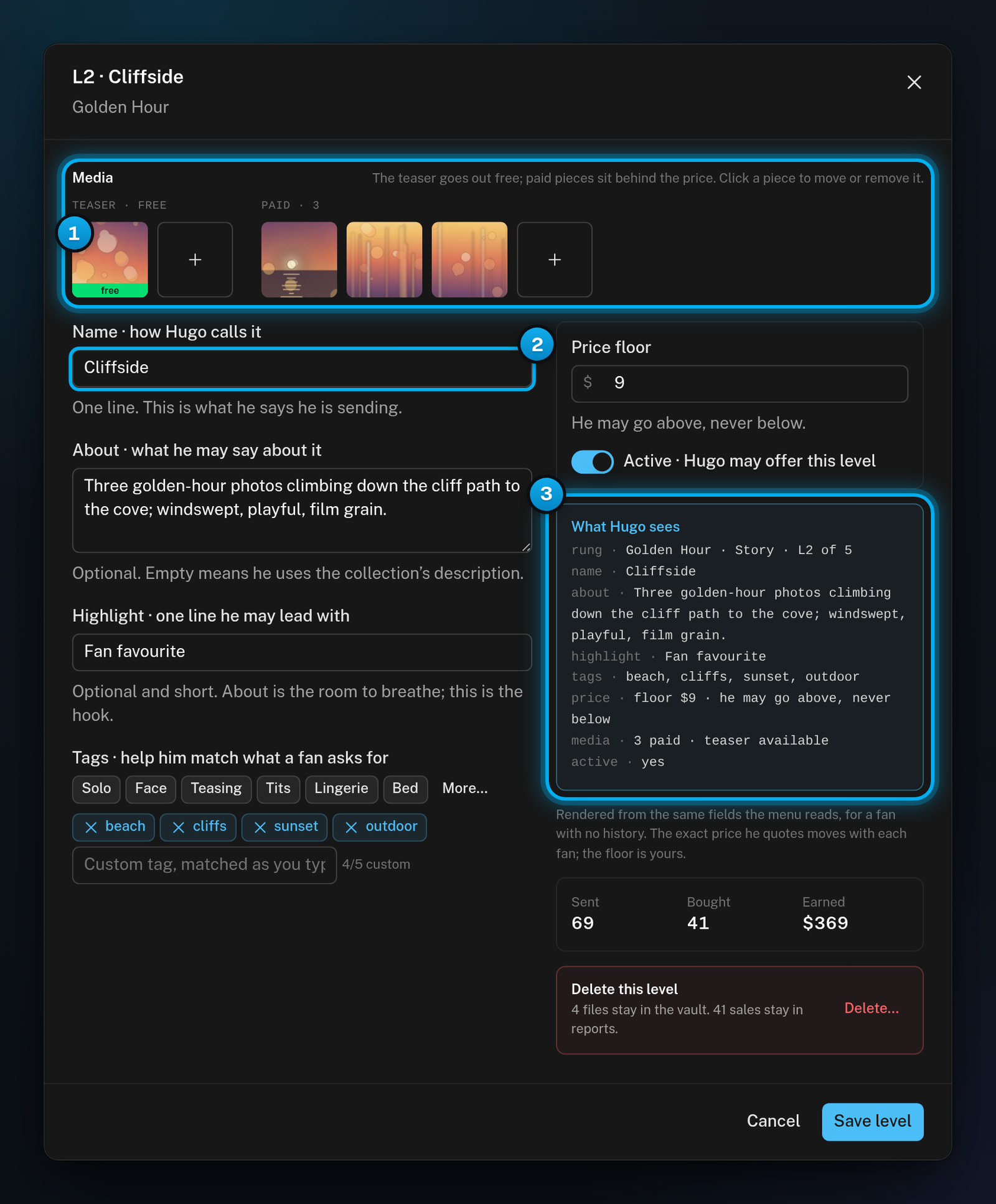 The level editor for L2 of a Story collection, with its teaser and paid pieces, its name field and the What Hugo sees card