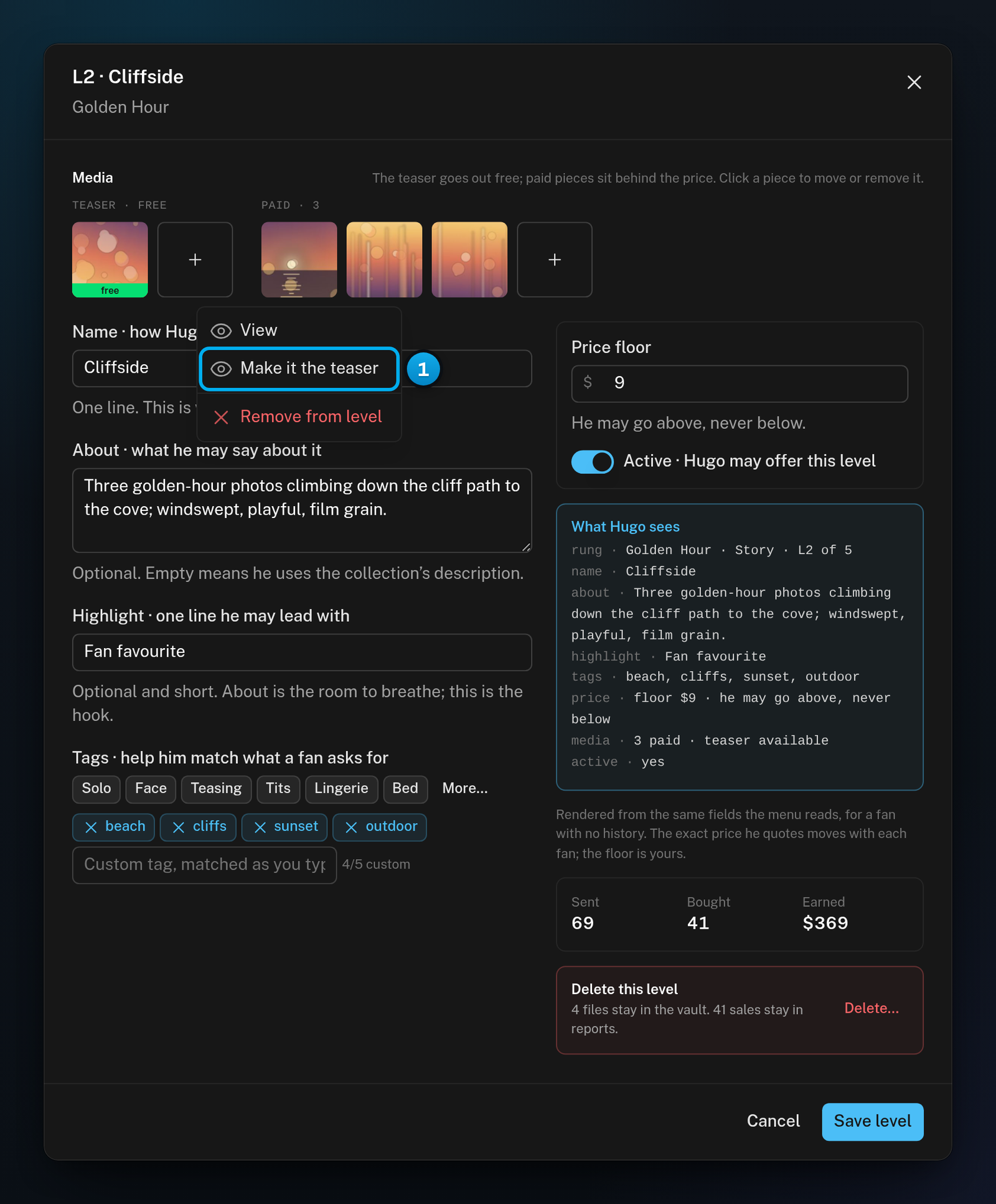 The menu of a paid piece in the level editor, with View, Make it the teaser and Remove from level