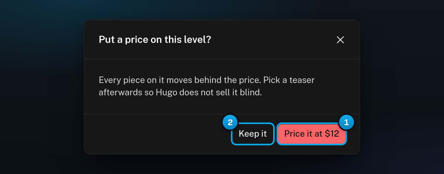 The window Put a price on this level, with the Price it at $12 button and the Keep it button