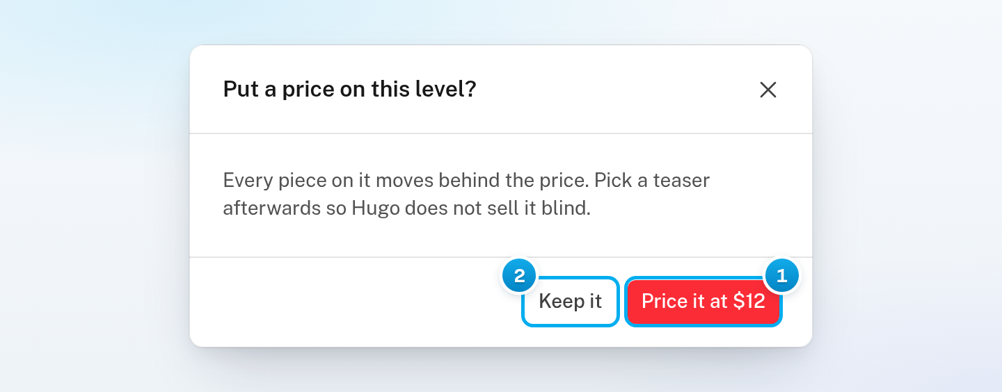 The window Put a price on this level, with the Price it at $12 button and the Keep it button