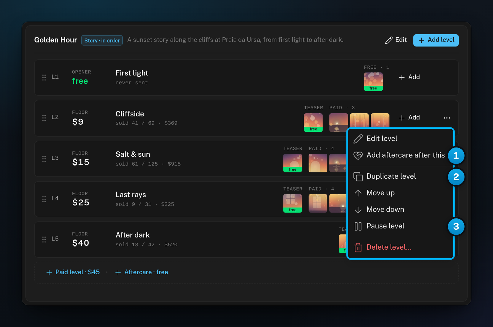 The menu of a paid level on the ladder, with Add aftercare after this, Duplicate level and Pause level